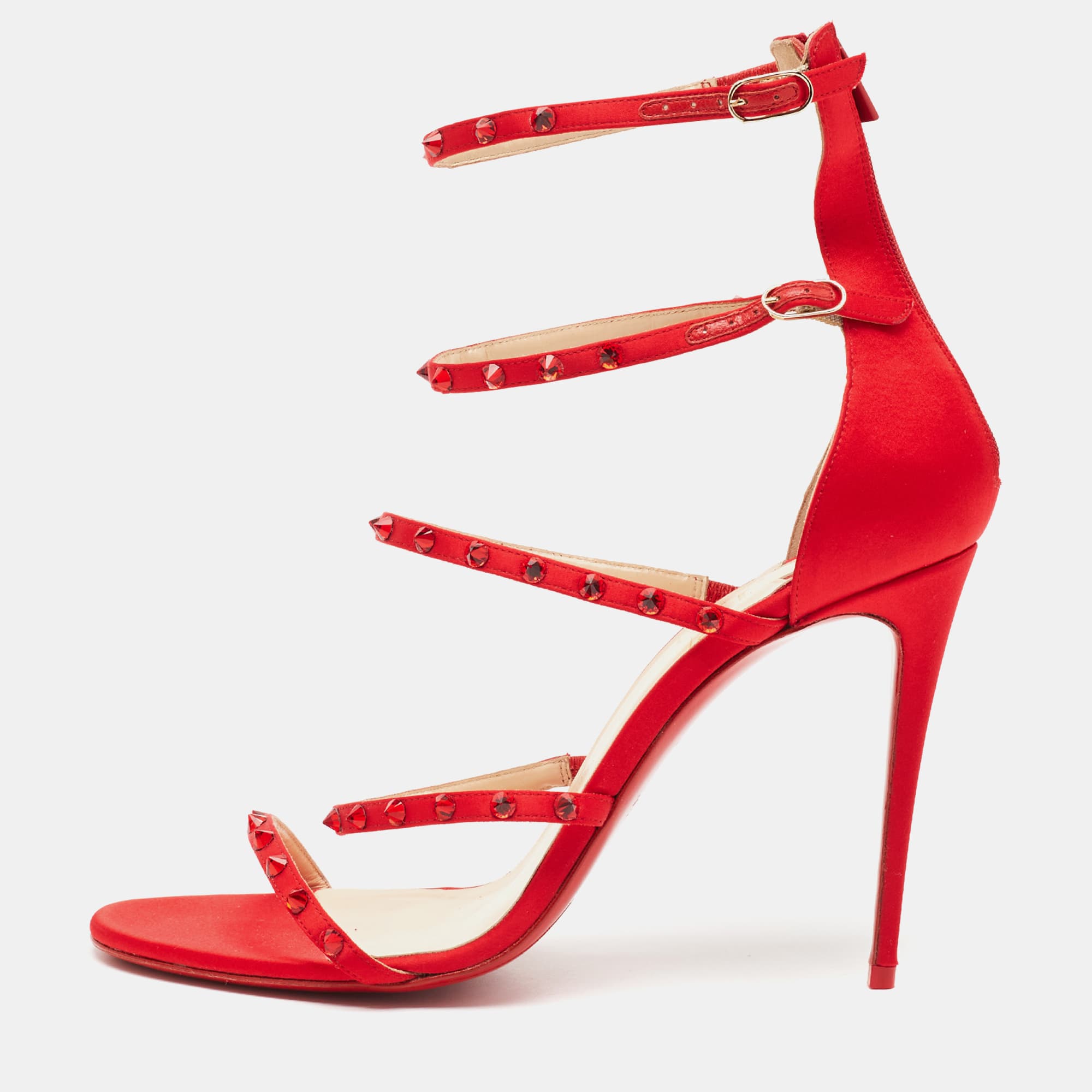 Christian Louboutin Size 39.5 Red Satin Crystal Embellished Strappy Sandals
