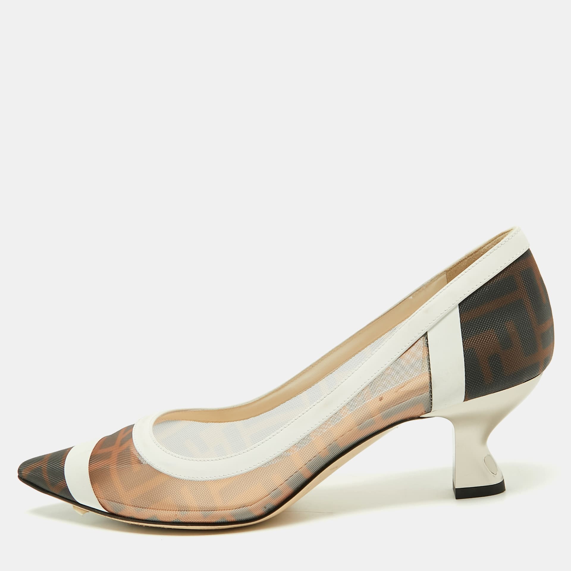 Fendi Colibri Size 38.5 Brown/White Zucca Mesh and Leather Pointed Toe Pumps