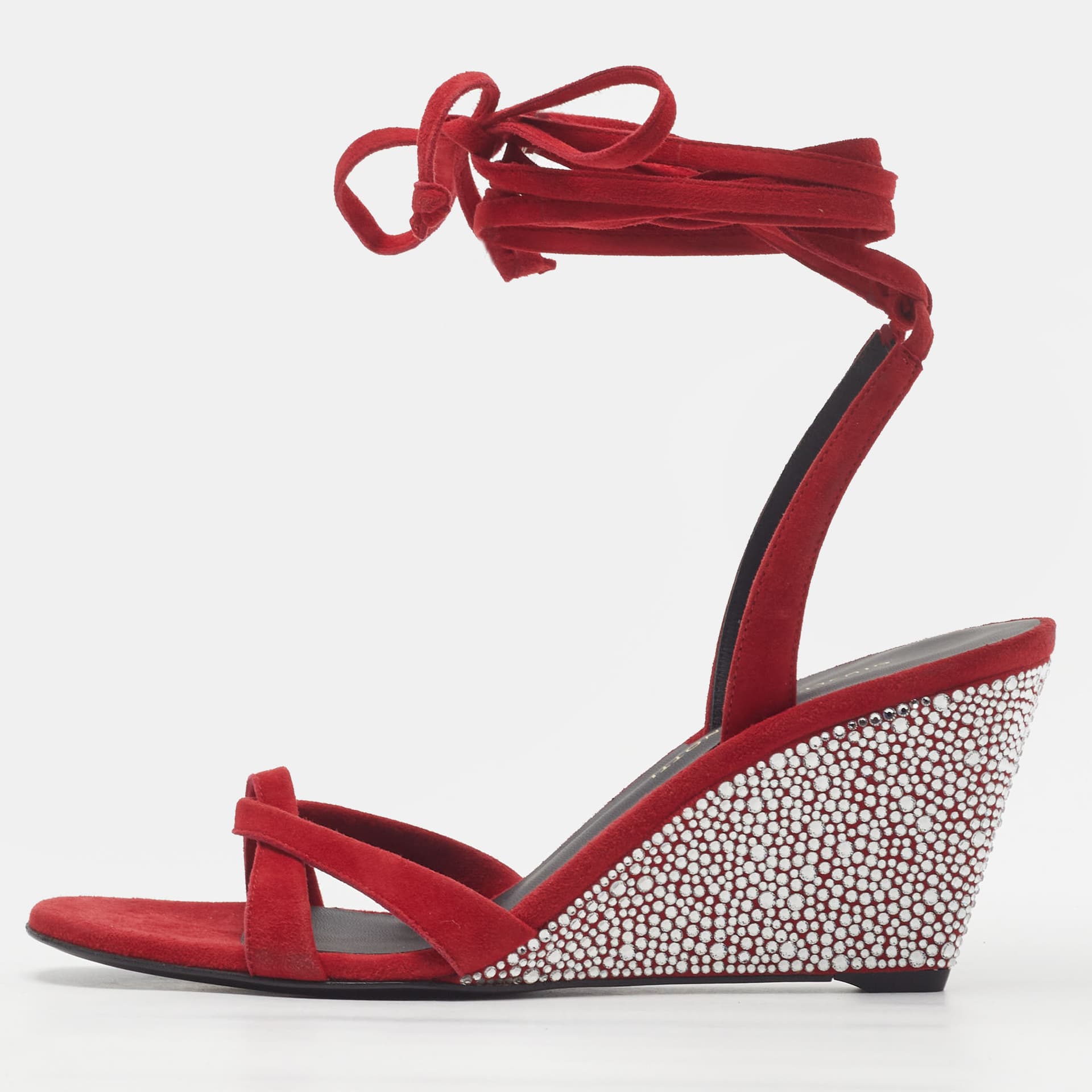 Giuseppe Zanotti Size 37 Red Suede Crystal Embellished Wedge Sandals