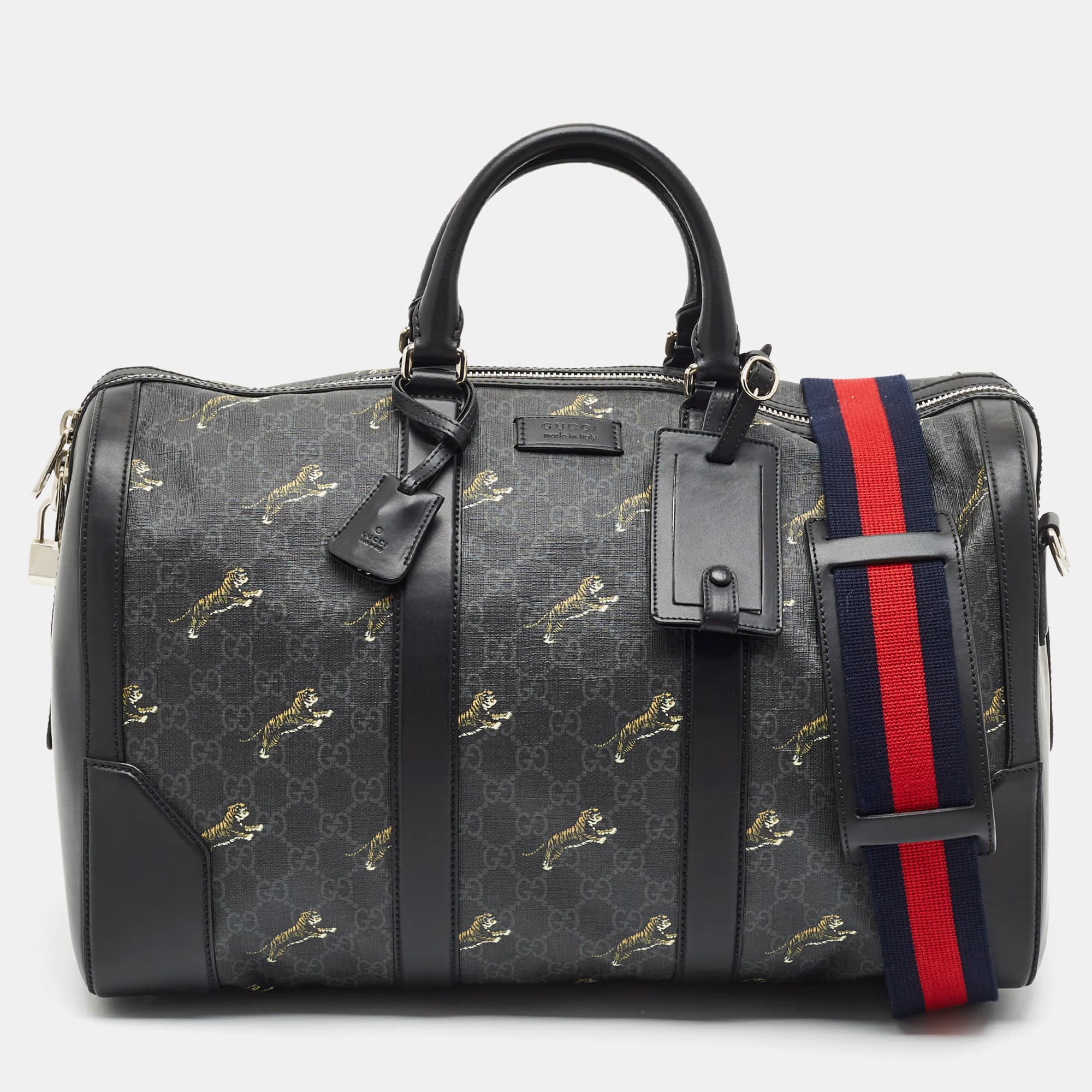 Gucci Black Tiger Print GG Supreme Canvas and Leather Duffel Bag