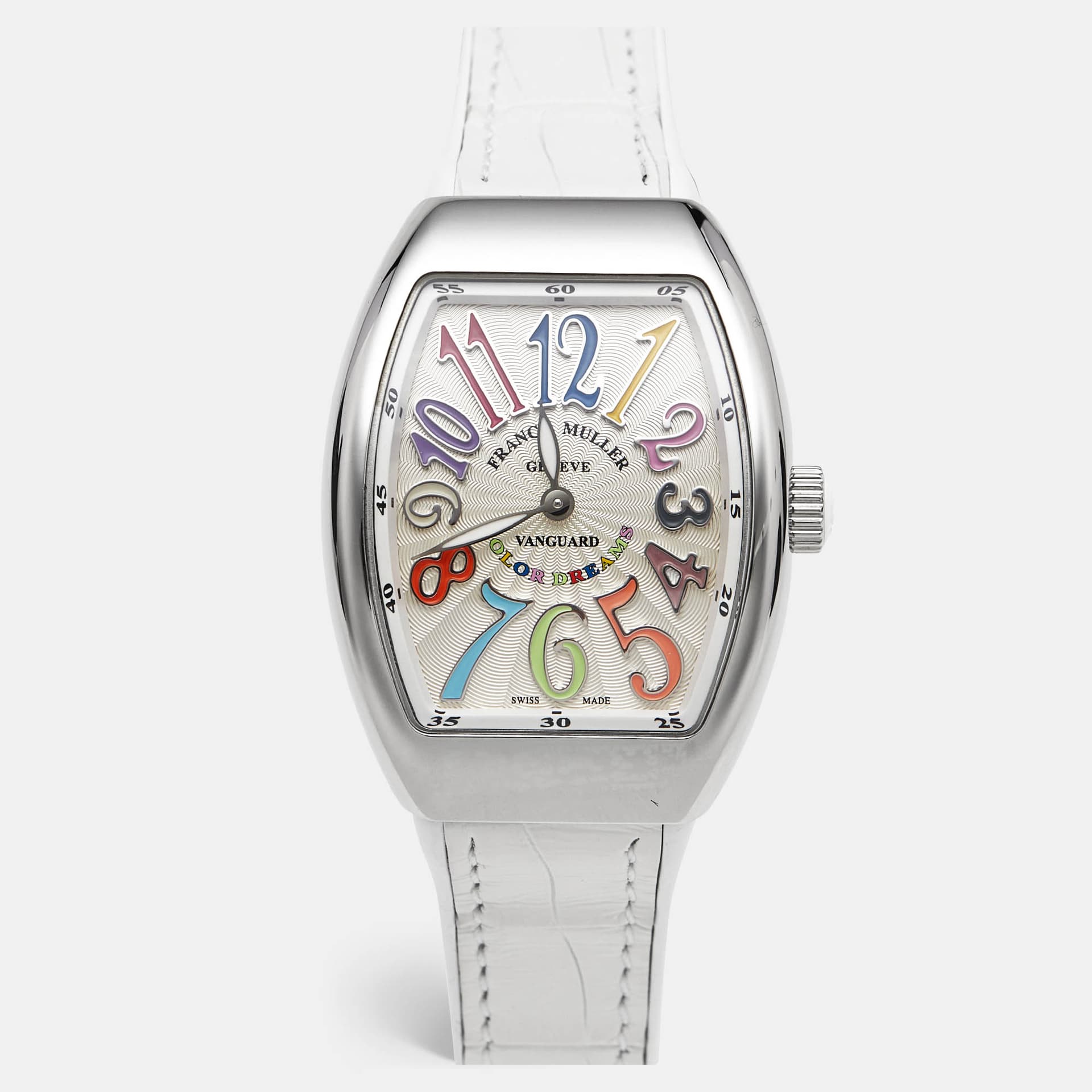 Franck Muller Vanguard Color Dreams AC BC V 32 QZ Silver Dial Stainless Steel Alligator Leather Rubber Women's Wristwatch 32 mm