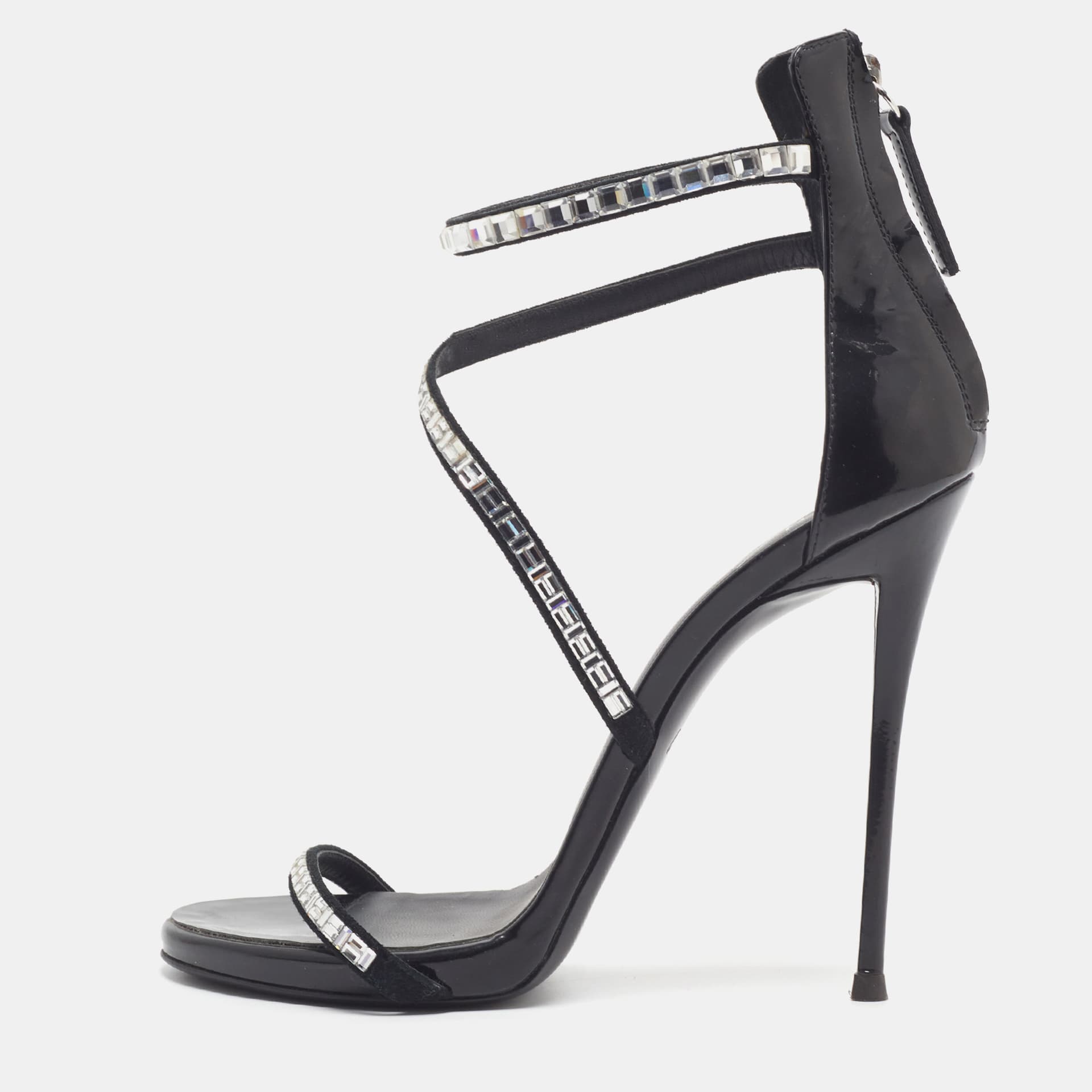 Giuseppe Zanotti Size 36 Black Patent Leather and Suede Crystal Embellished Ankle Strap Sandals