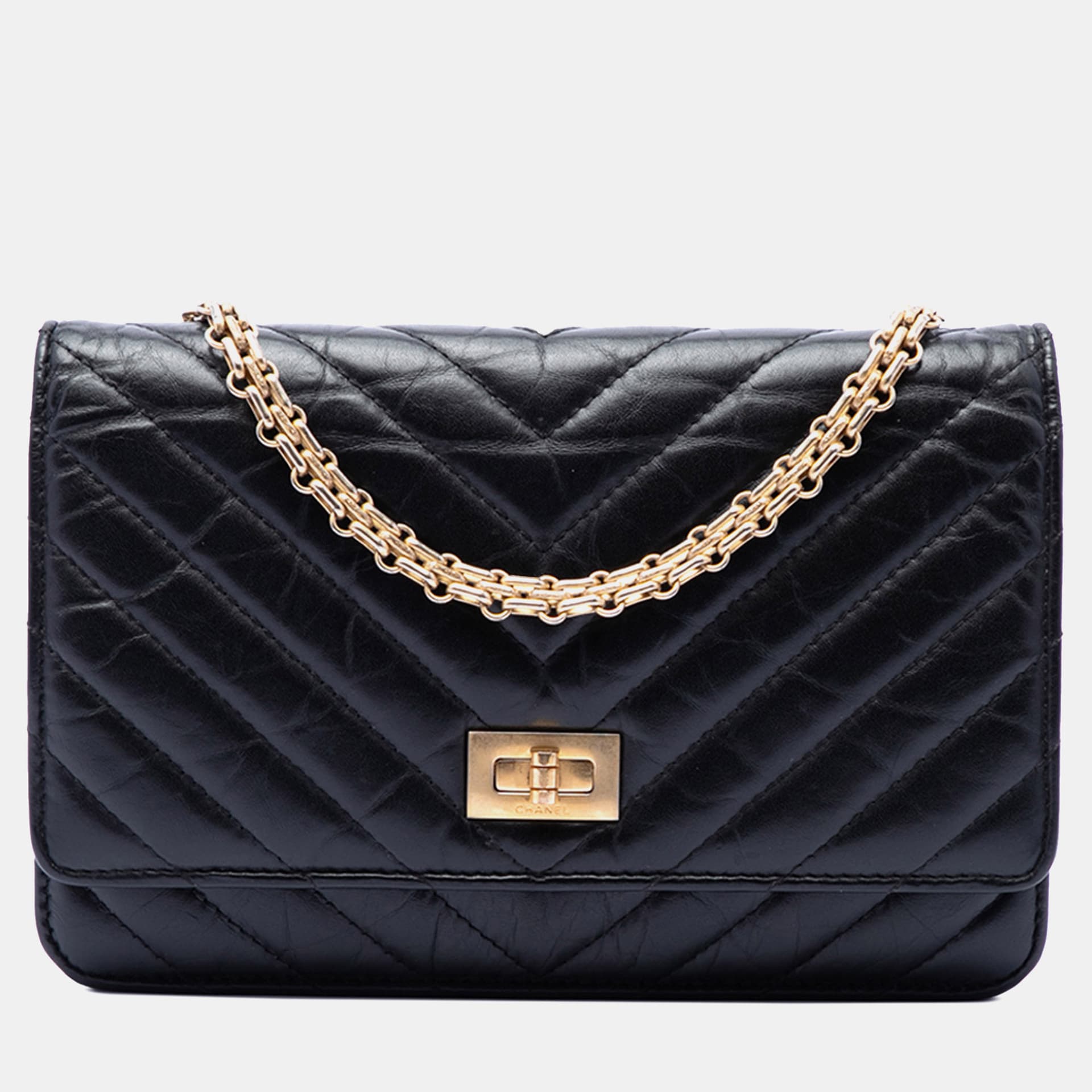 Chanel Black Reissue 2.55 Chevron Aged Calfskin Wallet on Chain