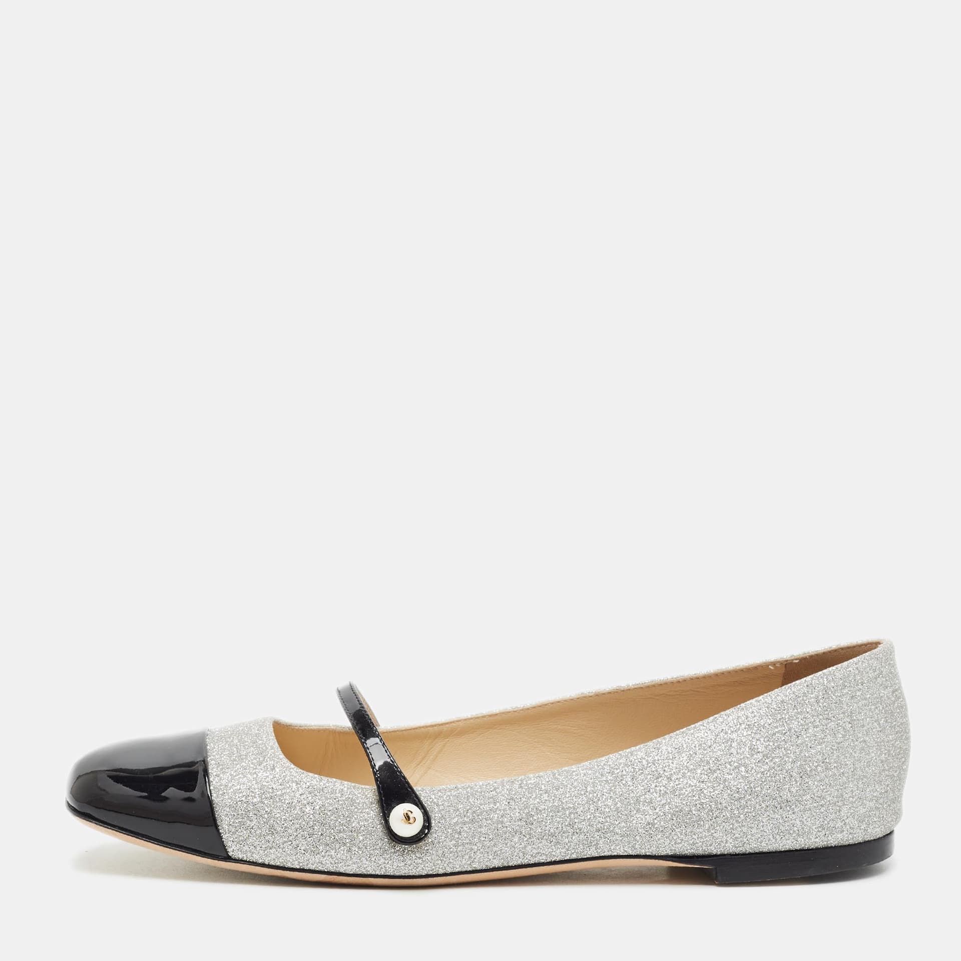 Jimmy Choo Elisa Size 39.5 Silver/Black Glitter and Patent Leather Ballet Flats