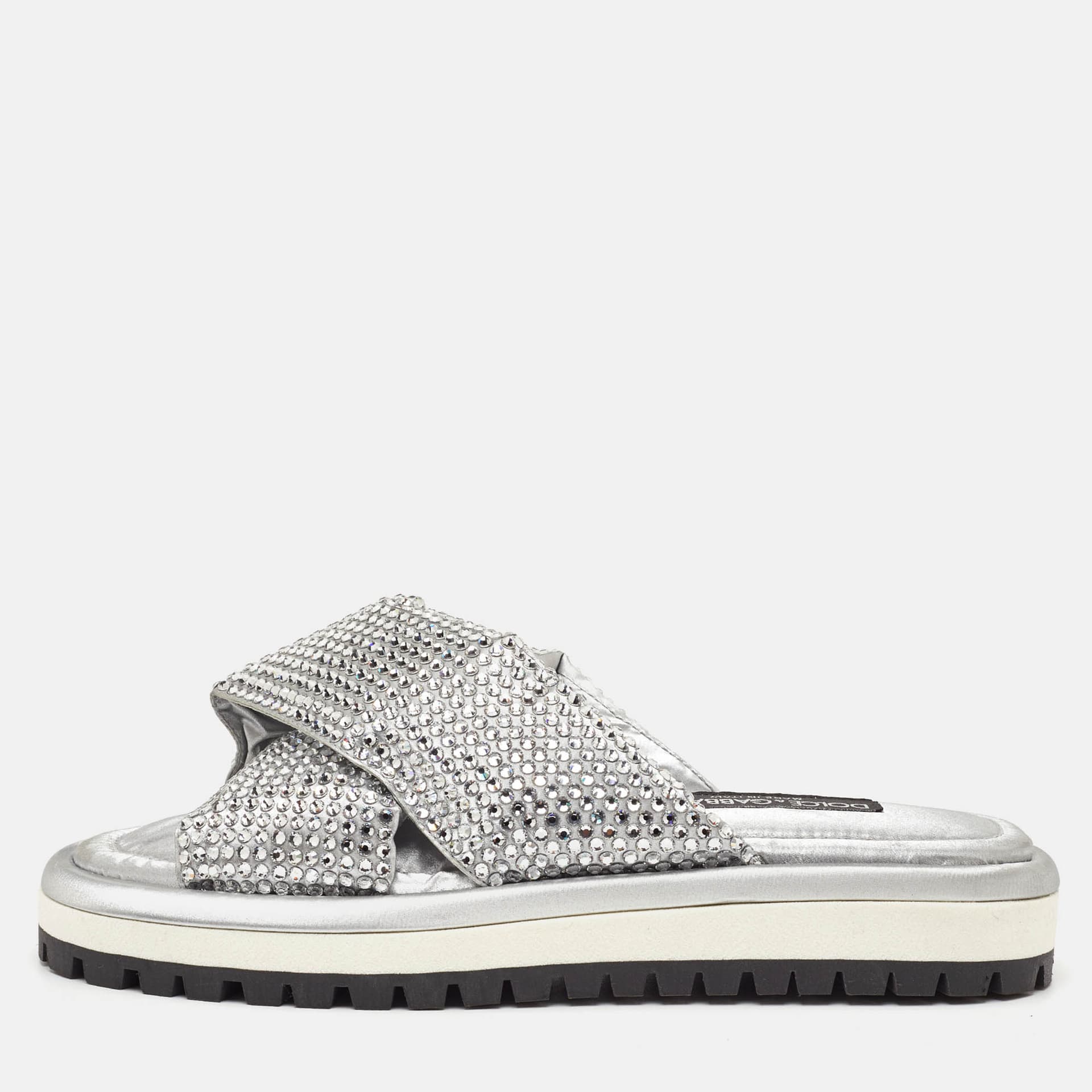 Dolce & Gabbana Size 39 Silver Metallic Fabric Crystal Embellished Slide Sandals