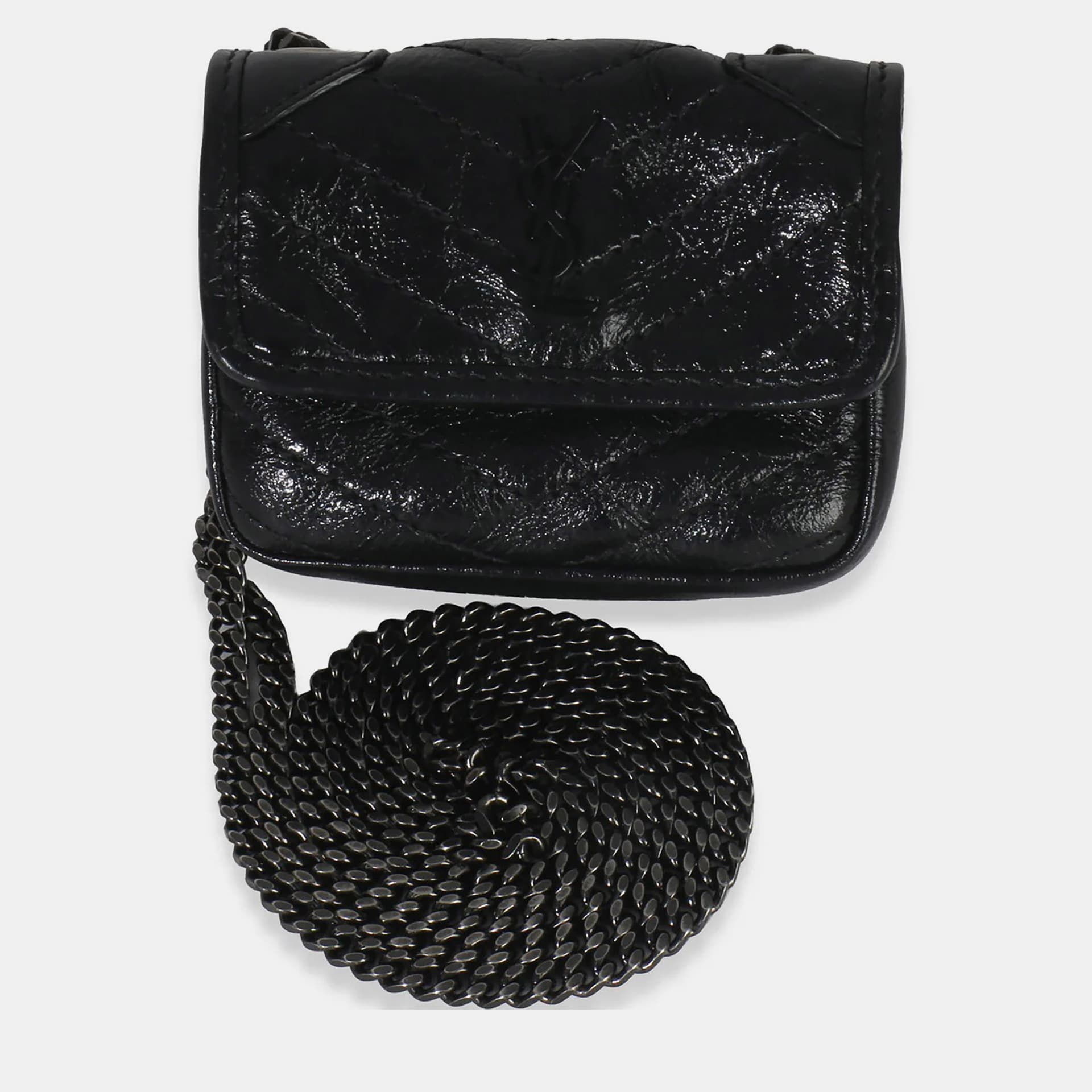 Saint Laurent Black Crinkled Calfskin Matelasse Micro Niki Airpods Case