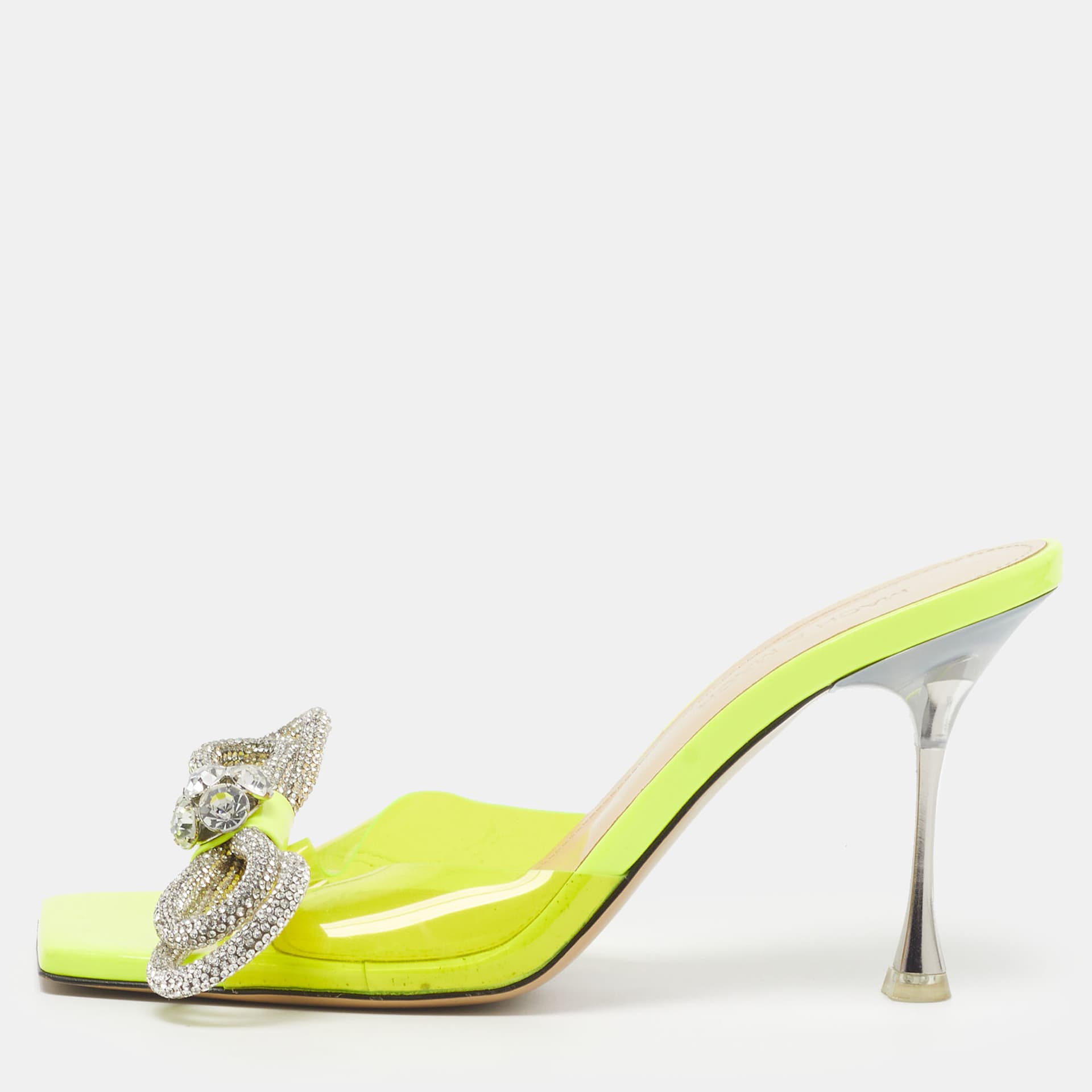 Mach & Mach Double Bow Size 37.5 Neon Green PVC Crystal Embellished Square Toe Slide Sandals
