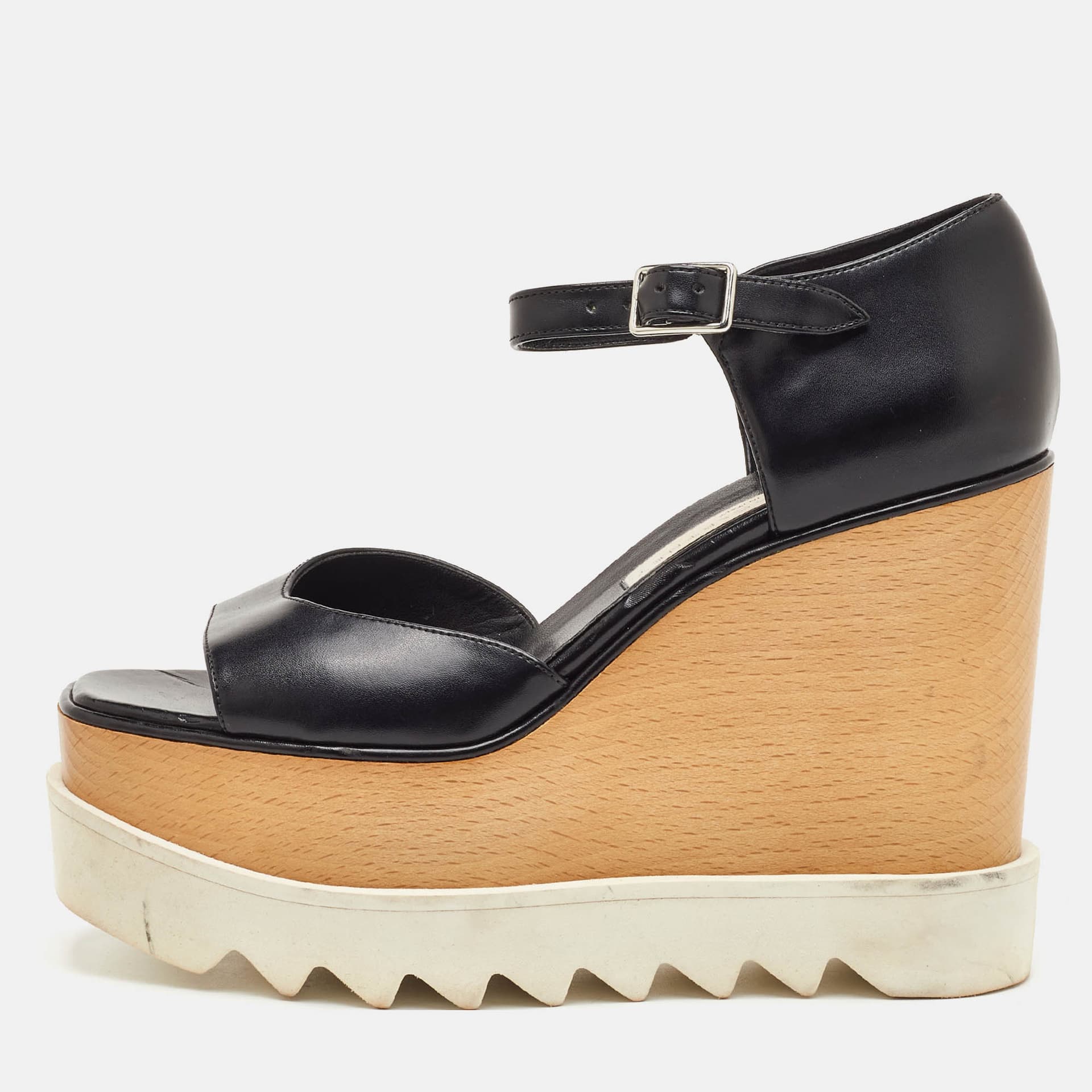 Stella McCartney Elyse Size 37 Black Faux Leather Platform Wedge Sandals