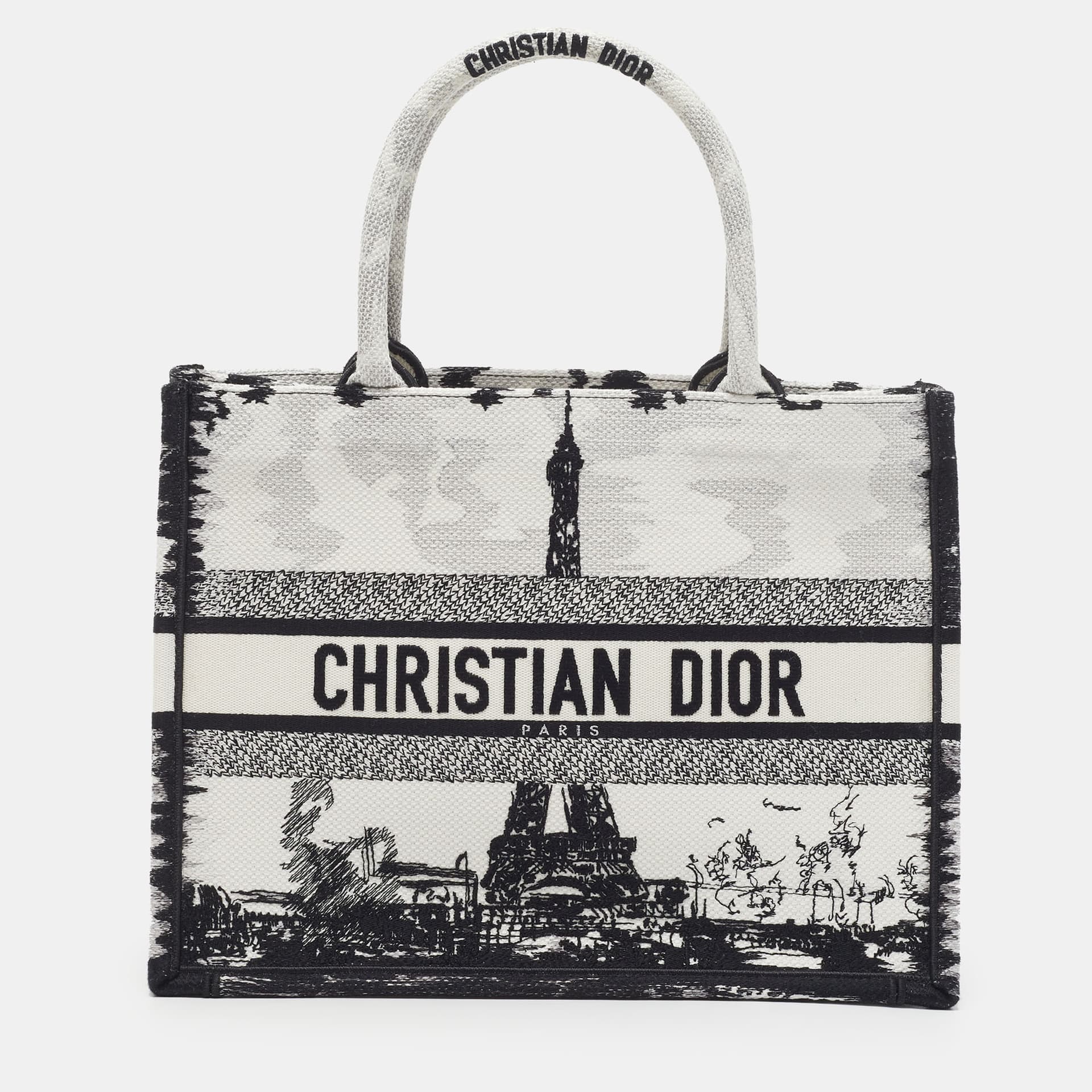 Dior Book Medium Black/White Paris Embroidered Canvas Tote