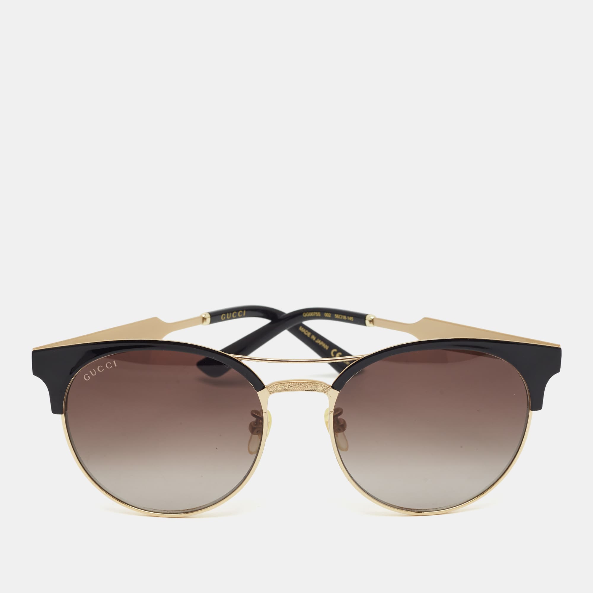 Gucci Black/Gold Tone Gradient GG0075S Frame Round Sunglasses