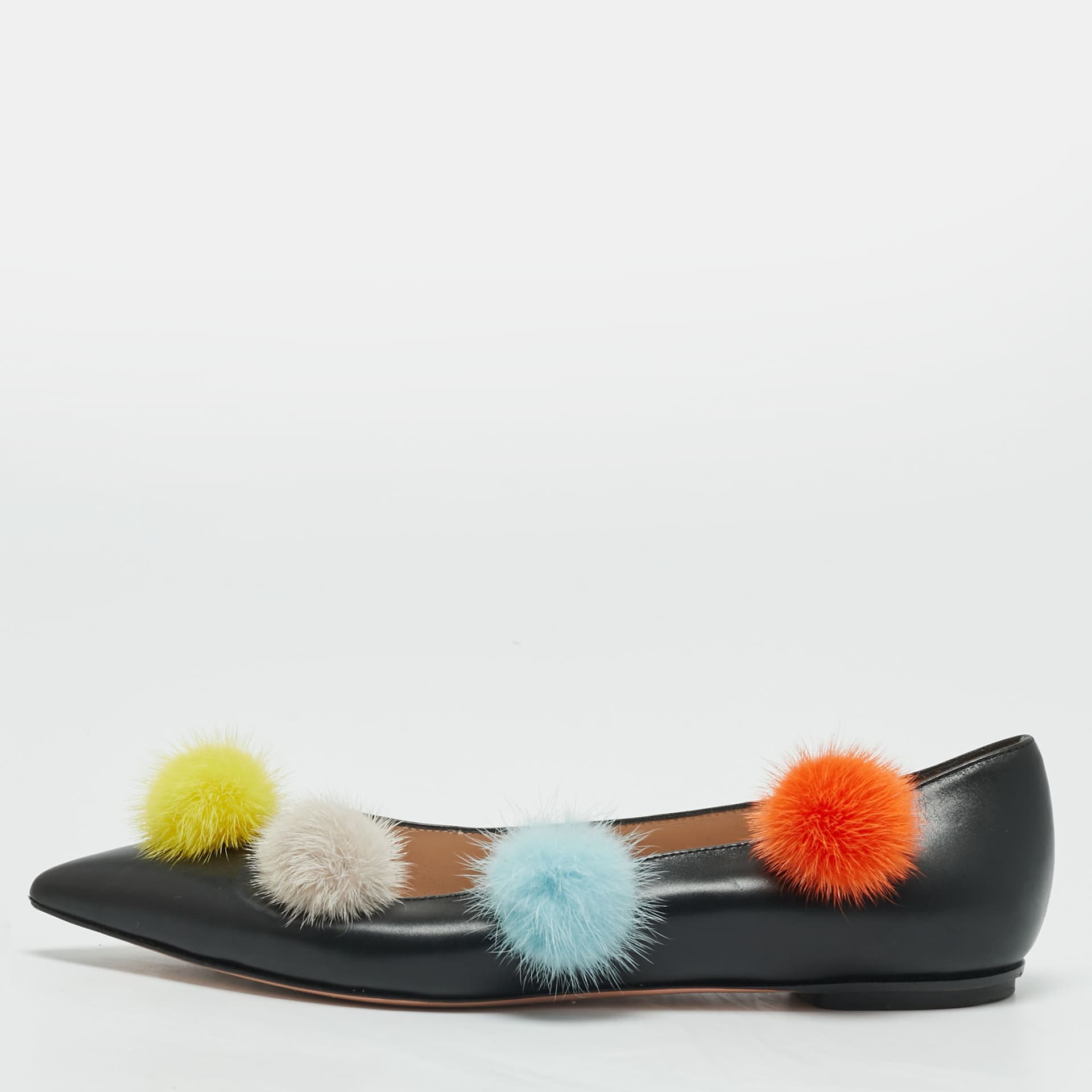 Fendi Pom Pom Size 37.5 Black Leather Ballet Flats