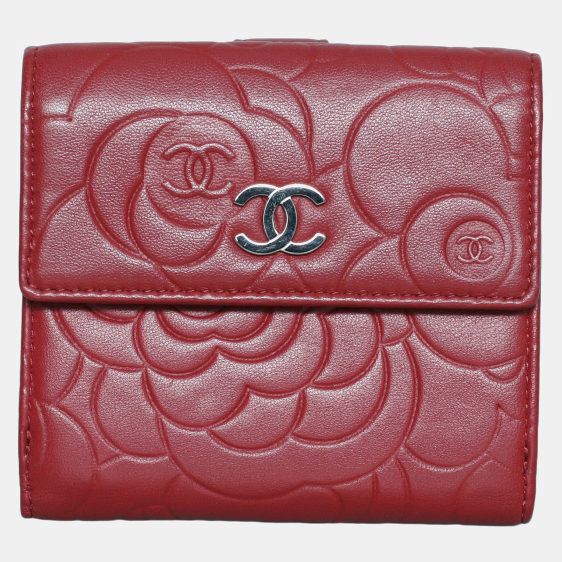 Chanel Camellia Red Grained Calfskin Leather Wallet