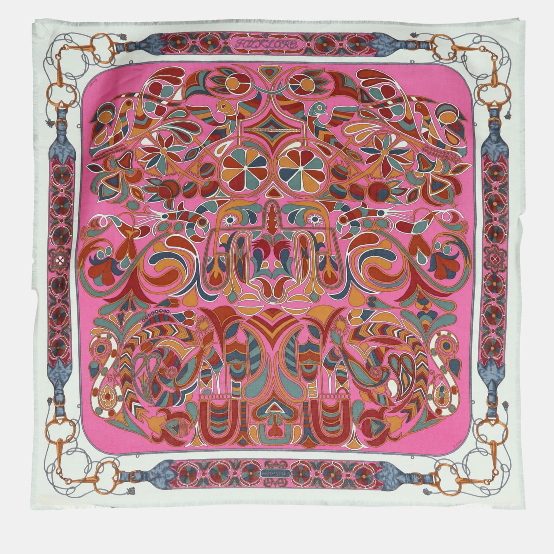 Hermes Cashmere, Silk Multicolor Printed Fringe Scarf