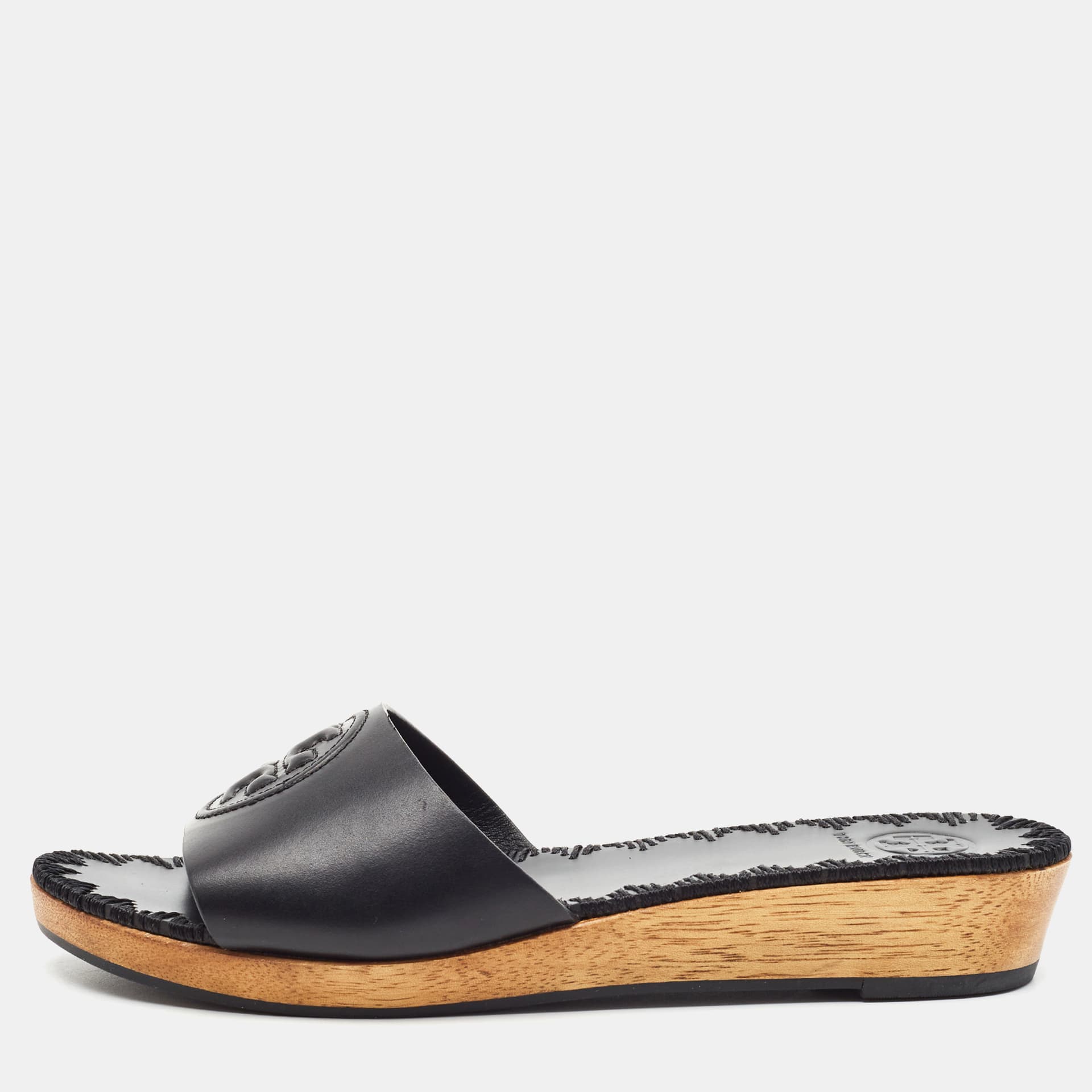 Tory Burch Patty Size 36.5 Black Leather Wedge Sandals
