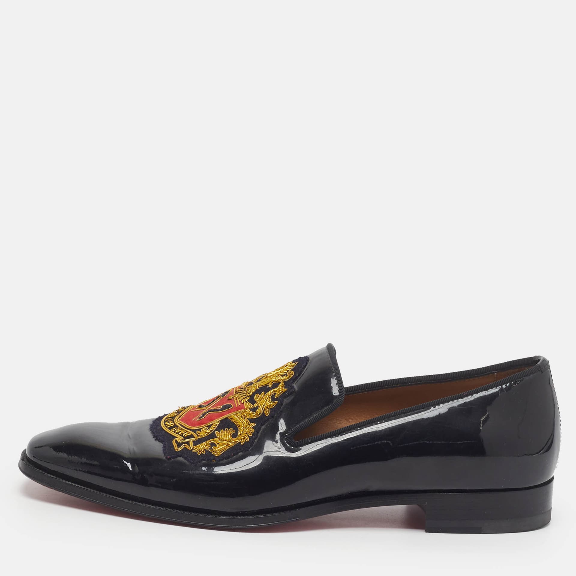 Christian Louboutin Loubi Forever Size 39 Black Patent Leather Embroidered Loafers