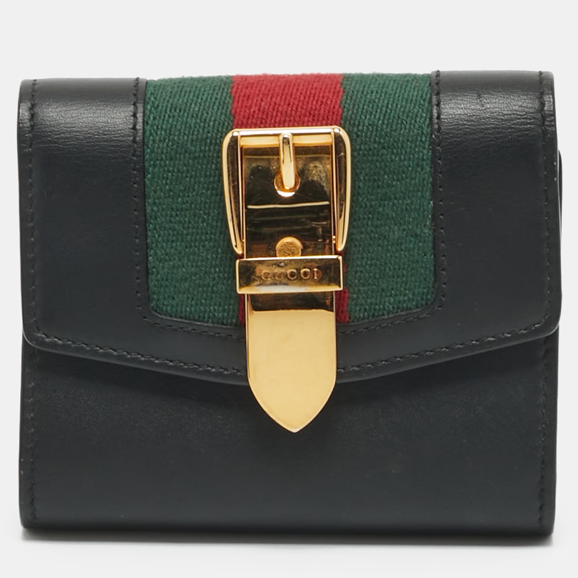 Gucci Sylvie Black Leather and Web Canvas Trifold Wallet