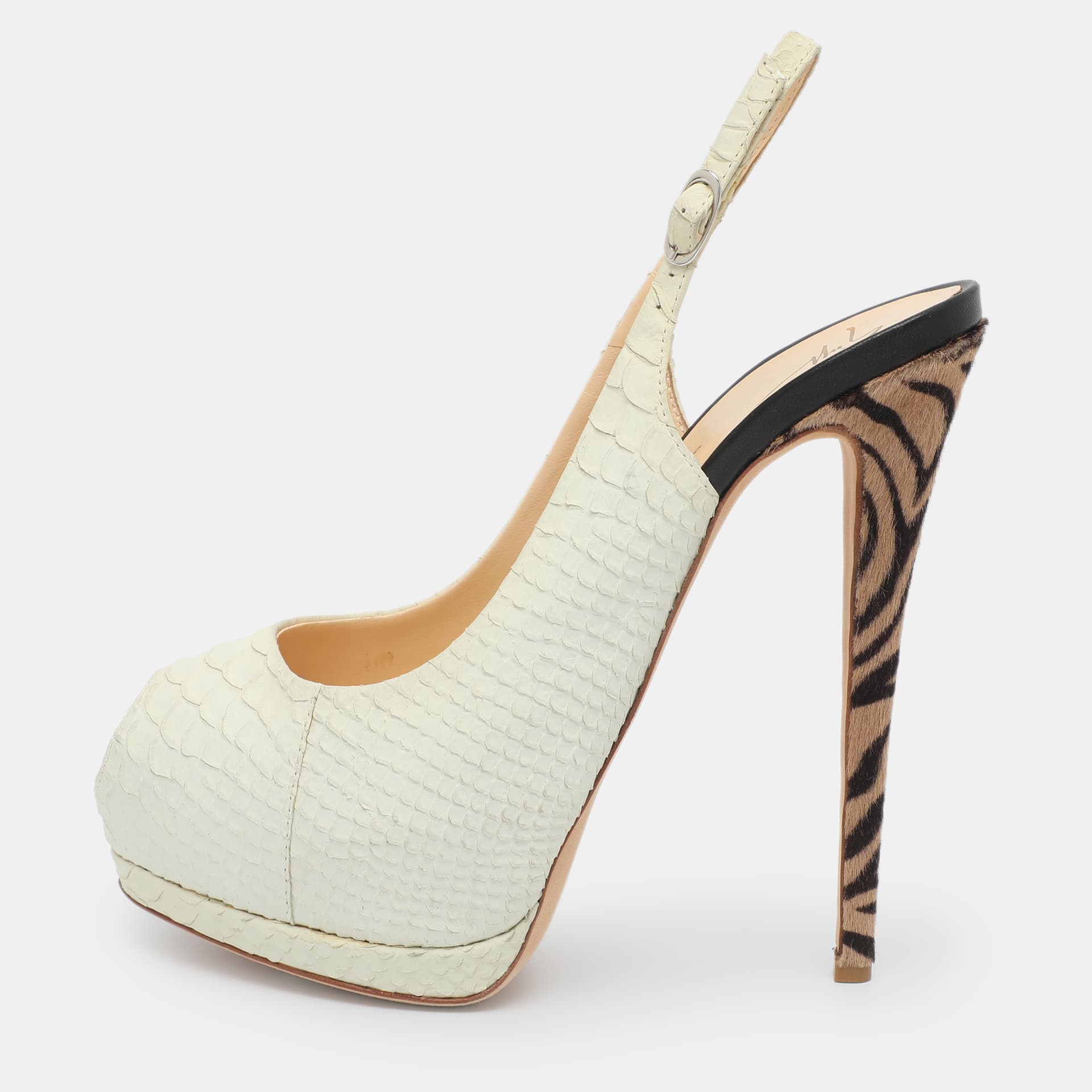 Giuseppe Zanotti Size 39.5 White Python Embossed Leather Peep Toe Platform Slingback Sandals