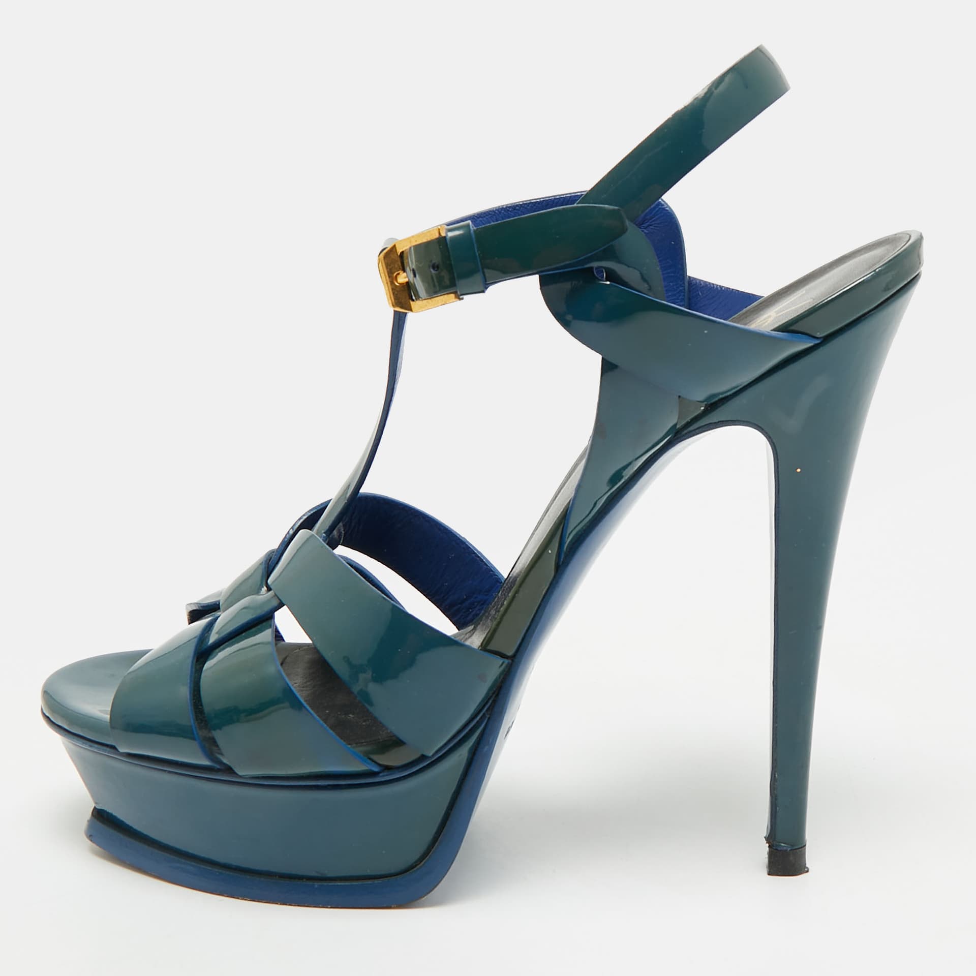 Saint Laurent Tribute Size 38 Navy Blue Patent Leather Platform Sandals