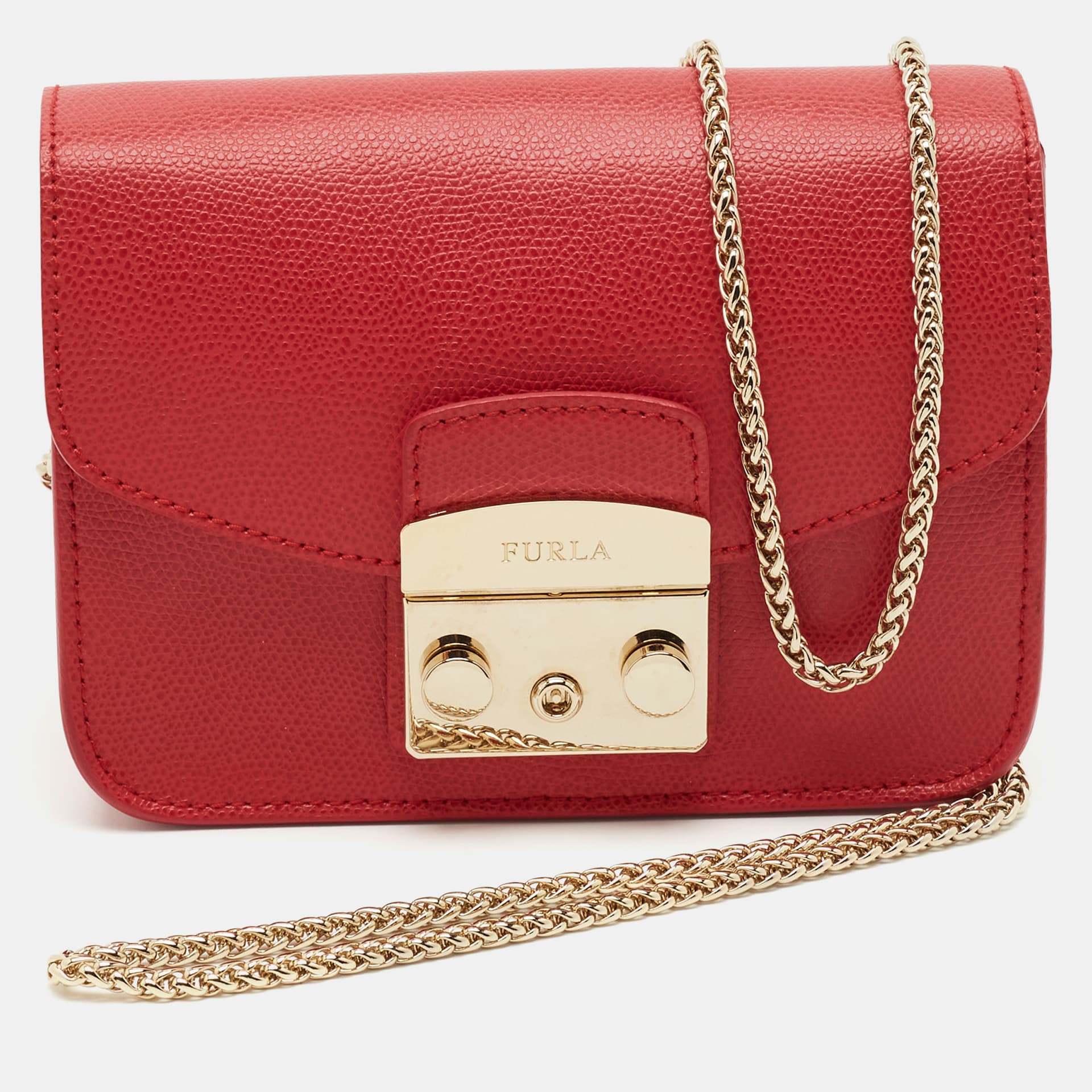 Furla Metropolis Mini Red Leather Chain Crossbody Bag