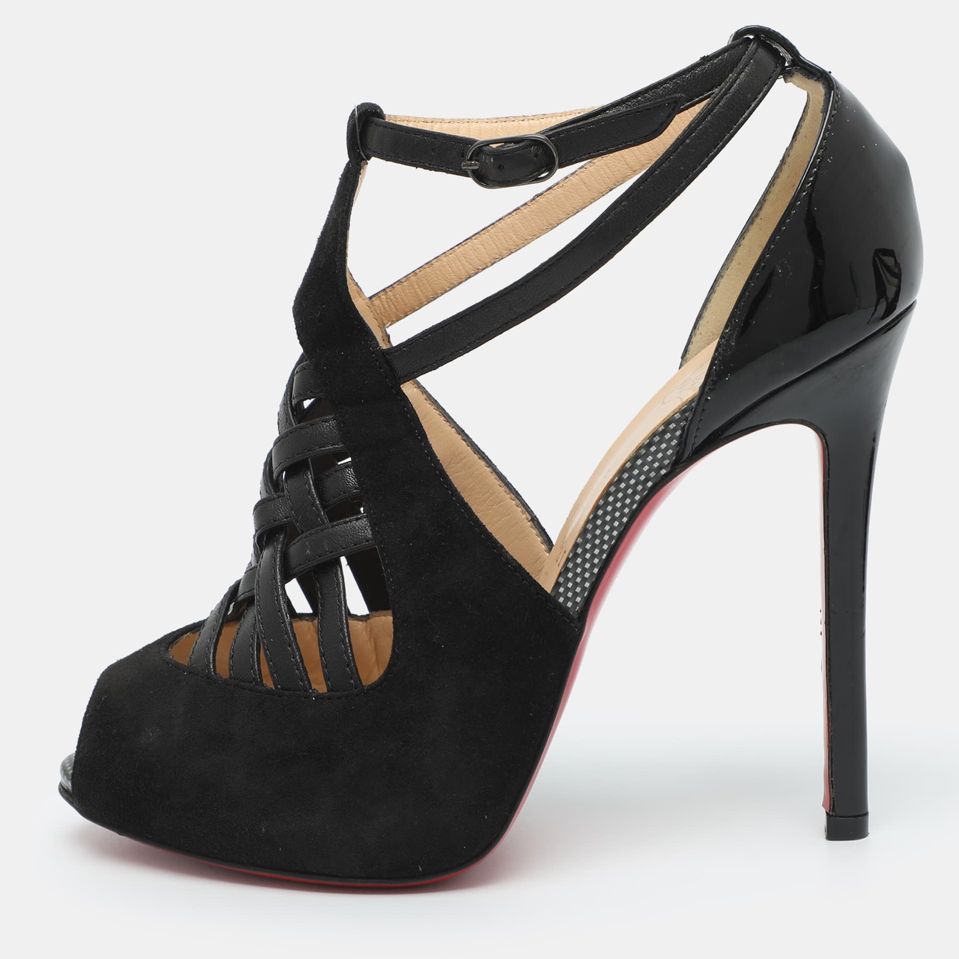 Christian Louboutin Carlota Size 37 Black Leather and Suede Ankle Strap Sandals
