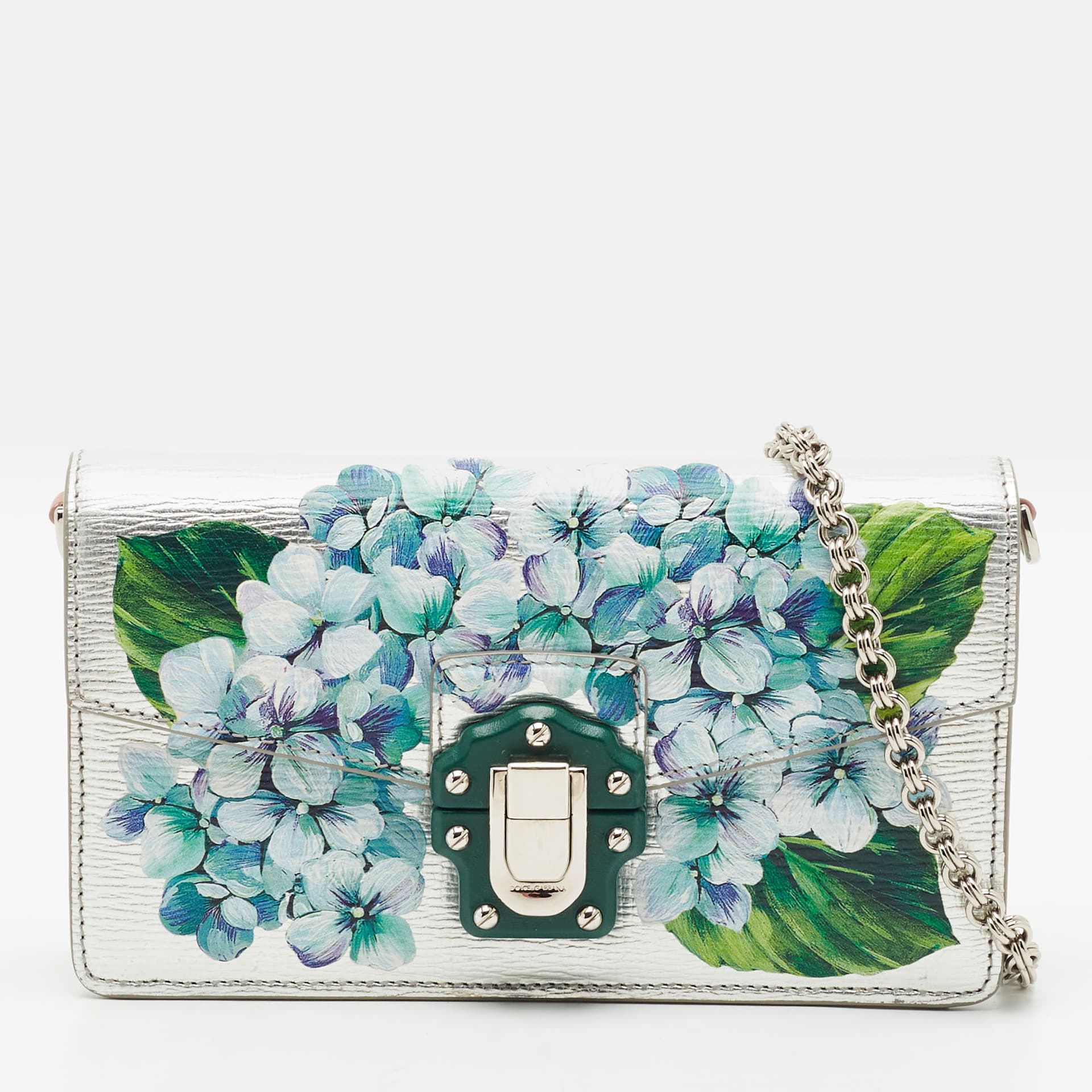 Dolce & Gabbana Lucia Silver Floral Print Leather Wallet on Chain