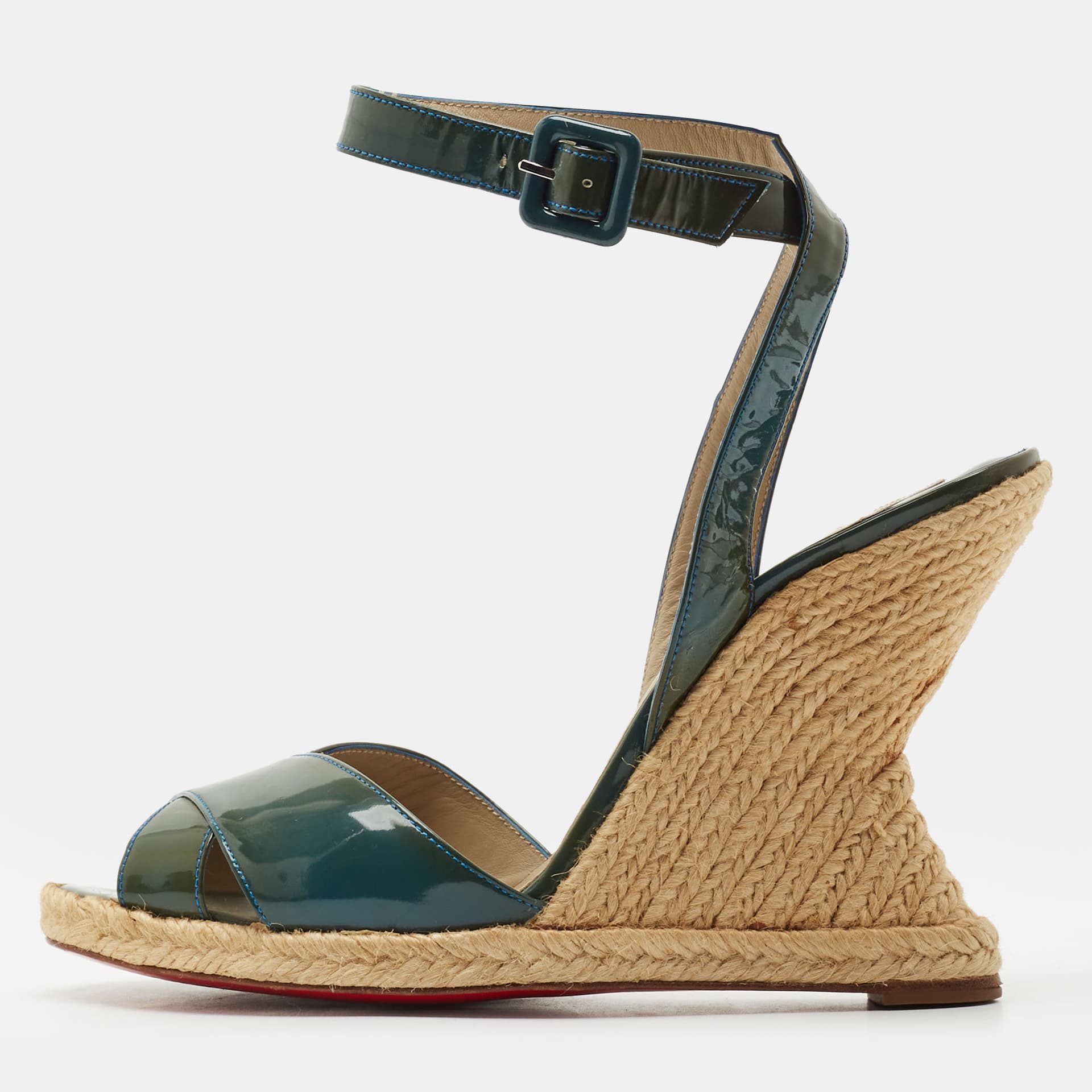 Christian Louboutin Size 39 Green Patent Leather Espadrille Wedge Ankle Strap Sandals