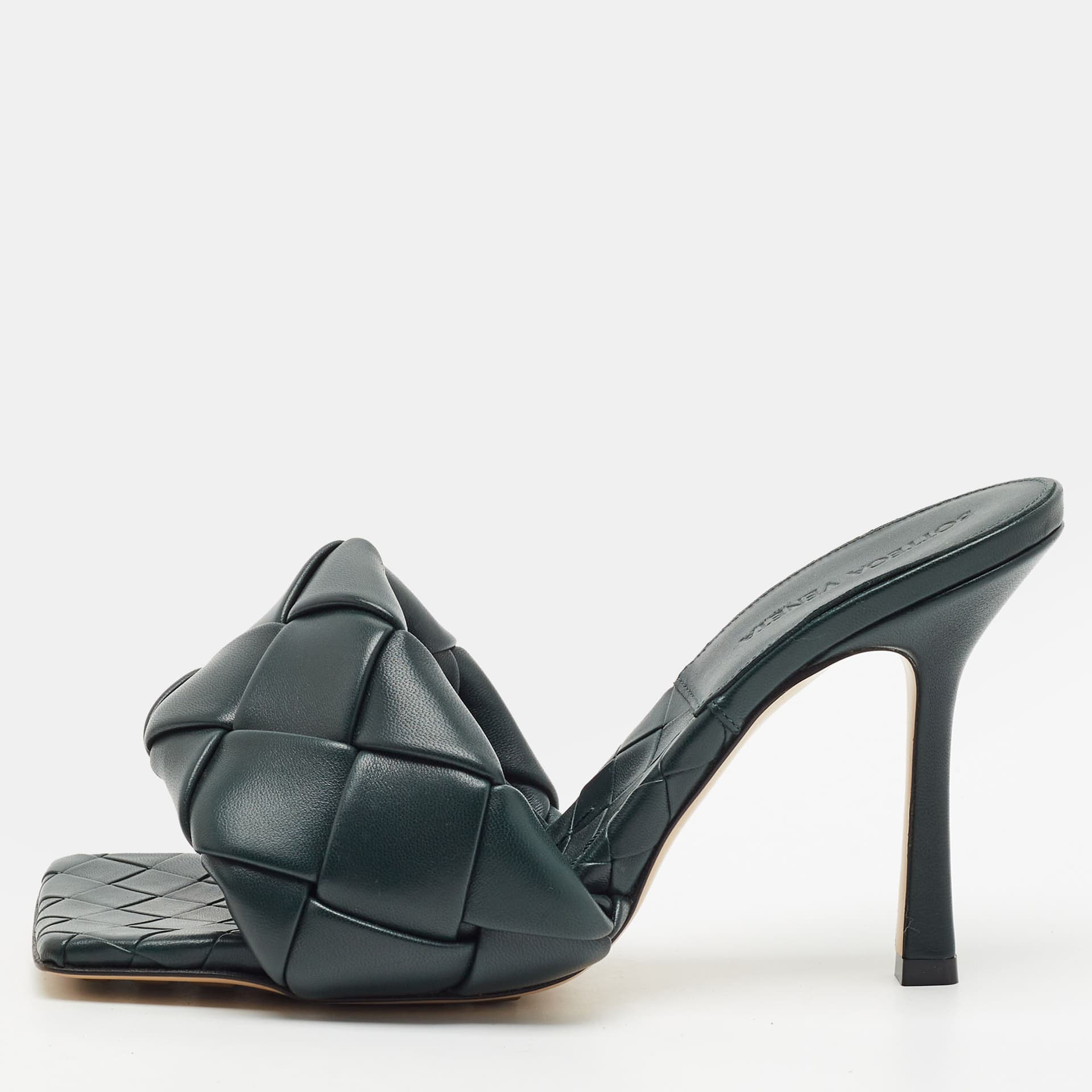 Bottega Veneta Lido Size 38 Dark Green Intrecciato Leather Slide Sandals