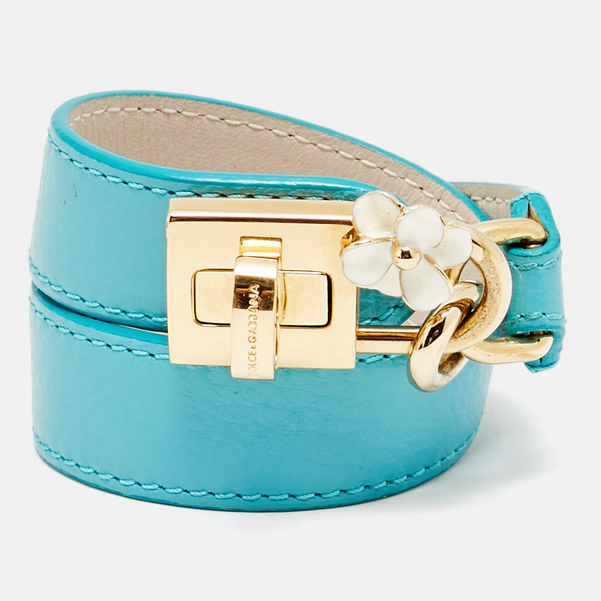 Dolce & Gabbana Teal Leather Lock Motif Gold Tone Wrap Bracelet