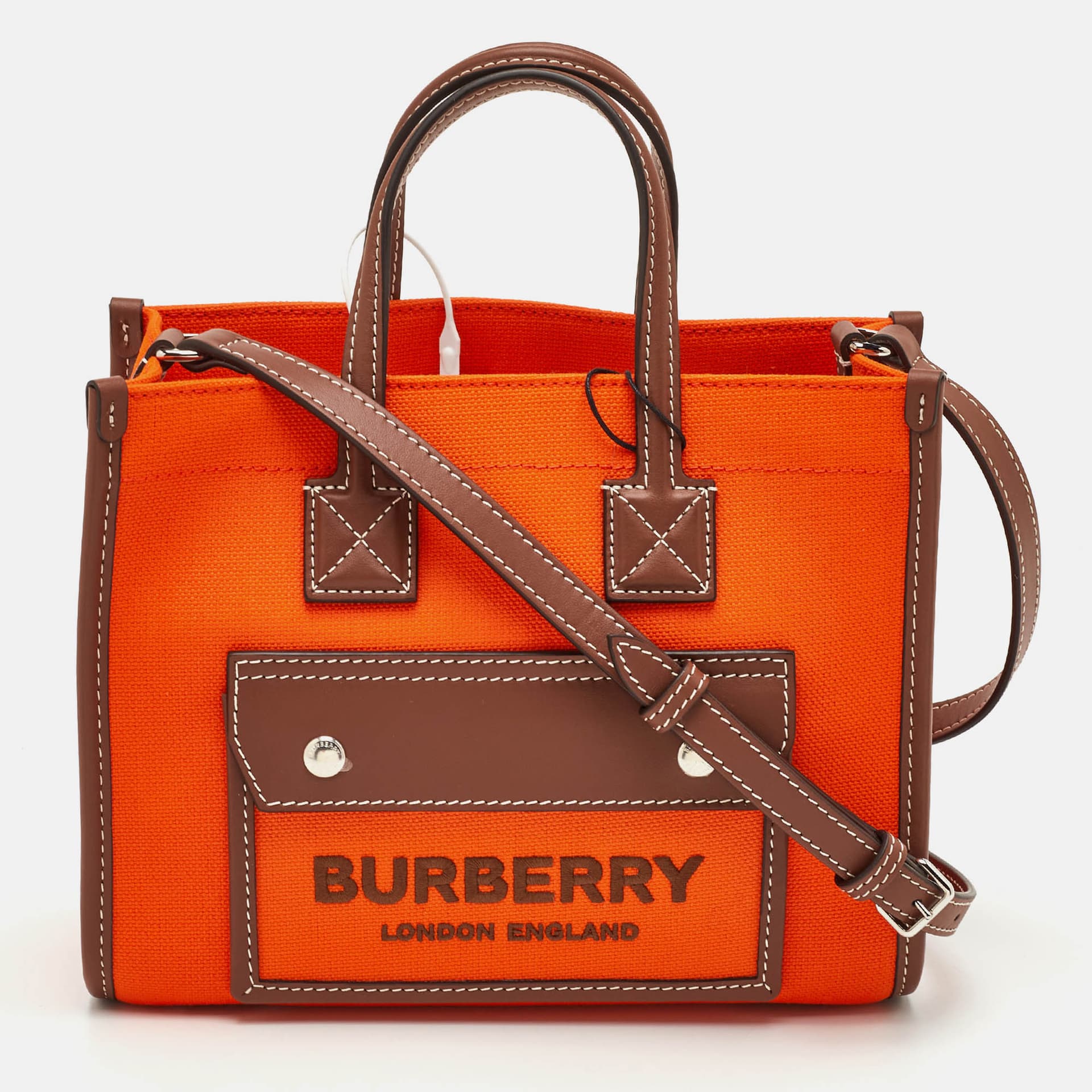 Burberry Freya Horseferry Mini Orange/Brown Canvas and Leather Tote