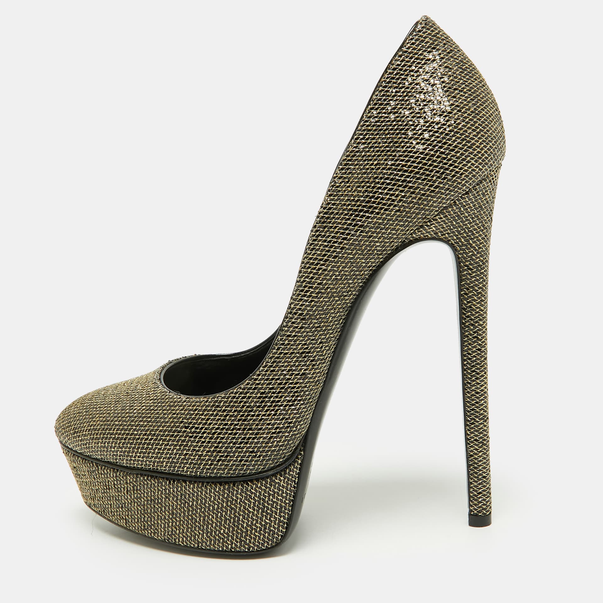Casadei Daisy Size 38 Gold/Black Lurex Fabric Platform Pumps