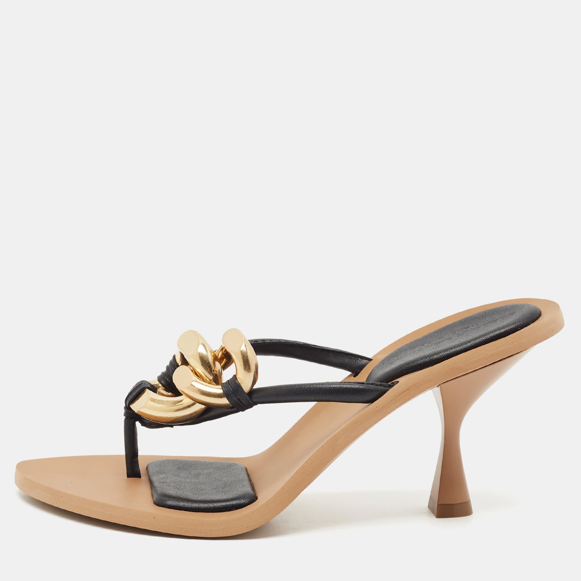 Stella McCartney Size 36 Black Faux Leather Chain Link Thong Slide Sandals