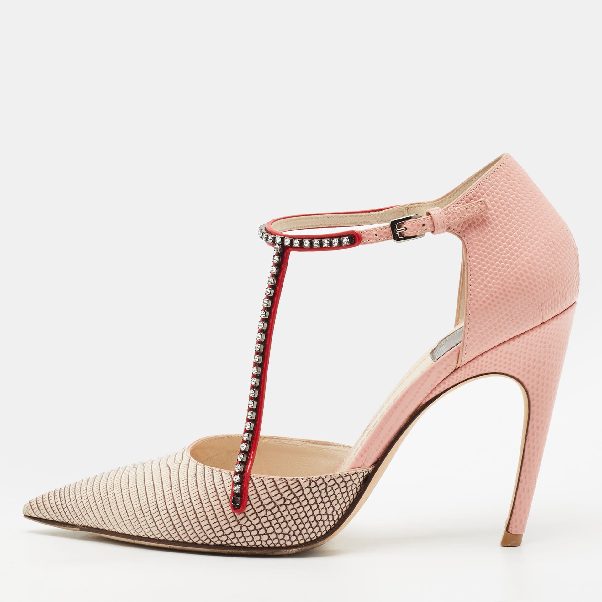 Dior  Size 37.5 Tri Color Lizard Embossed Leather Crystal Embellished T-Bar Pointed Toe Pumps