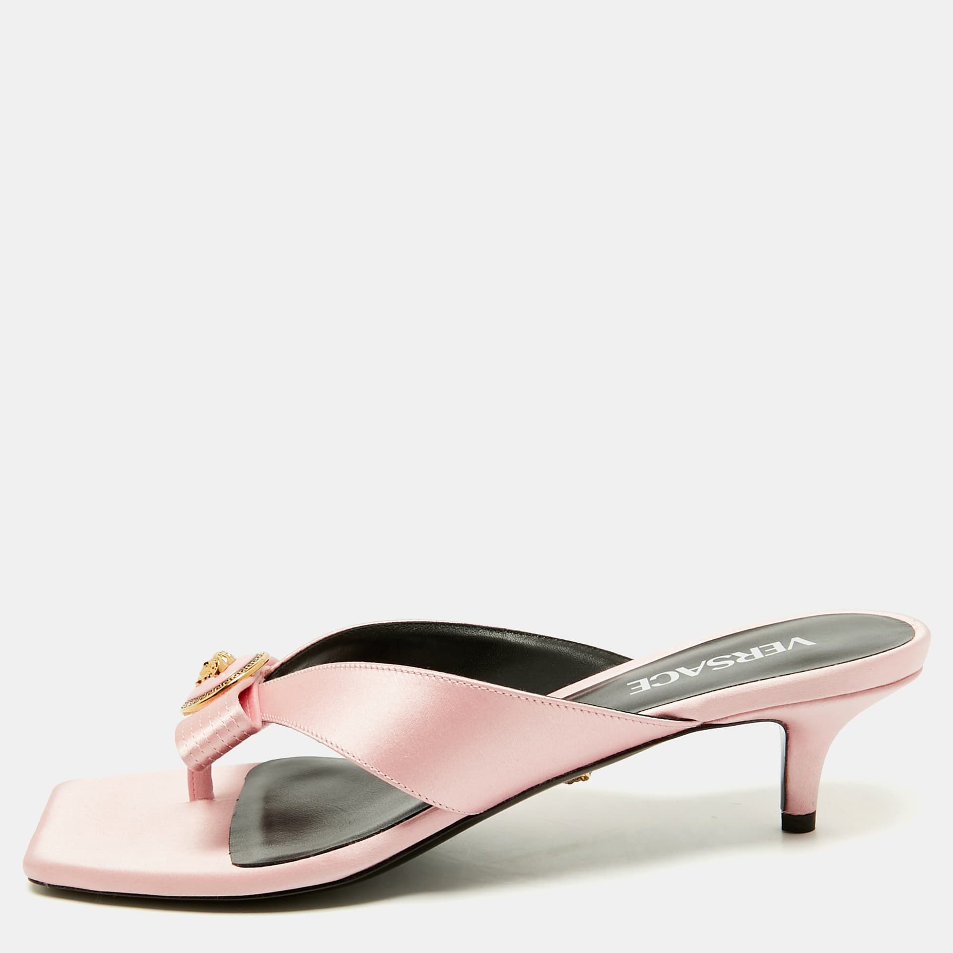 Versace Medusa Size 40 Pink Satin Bow Thong Slide Sandals
