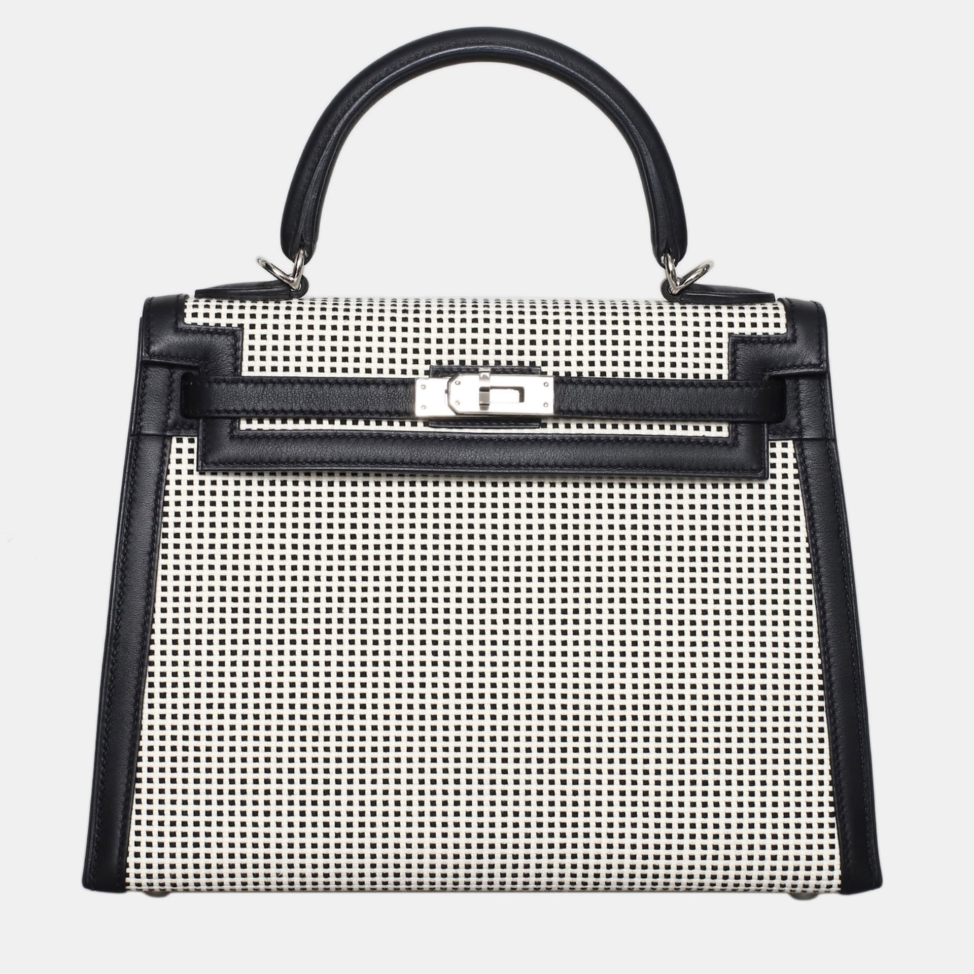 Hermes Kelly 25 Quadrille Black/White Calf Leather, Canvas Bag