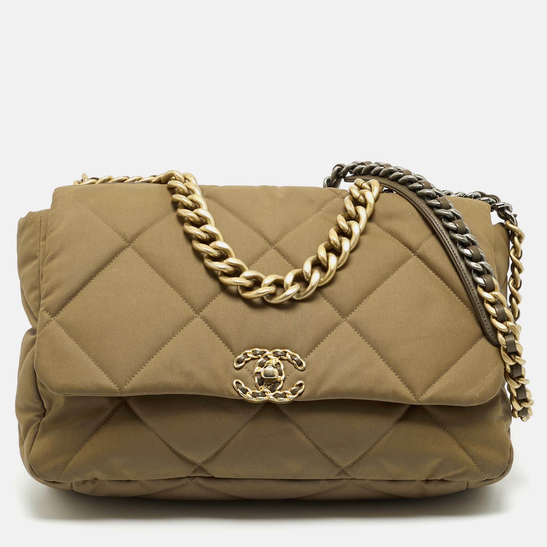 Chanel 19 Maxi Khaki Quilted Fabric Shoulder Bag