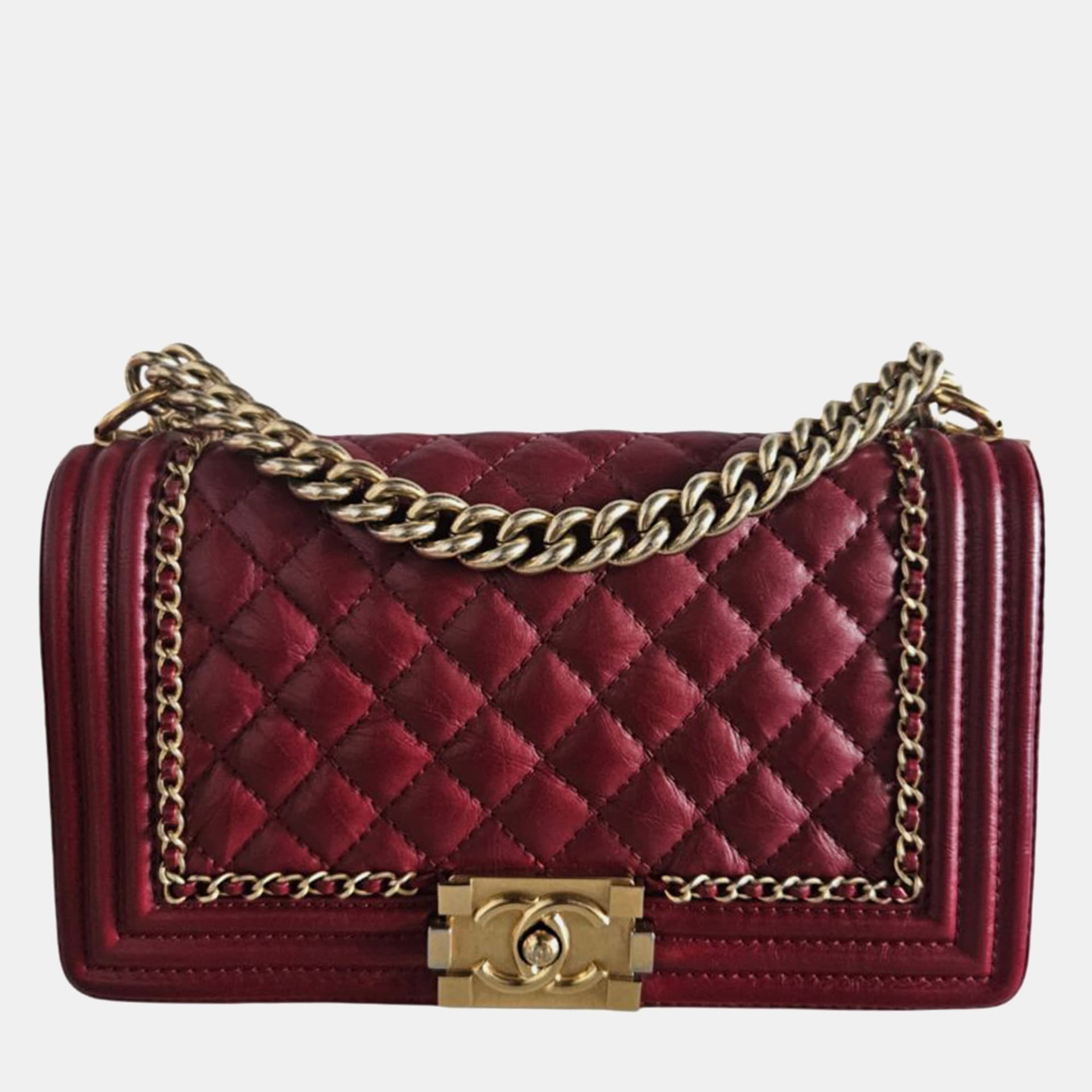 Chanel Red Aged Skin Leather Chain Around Link Le Boy Bag