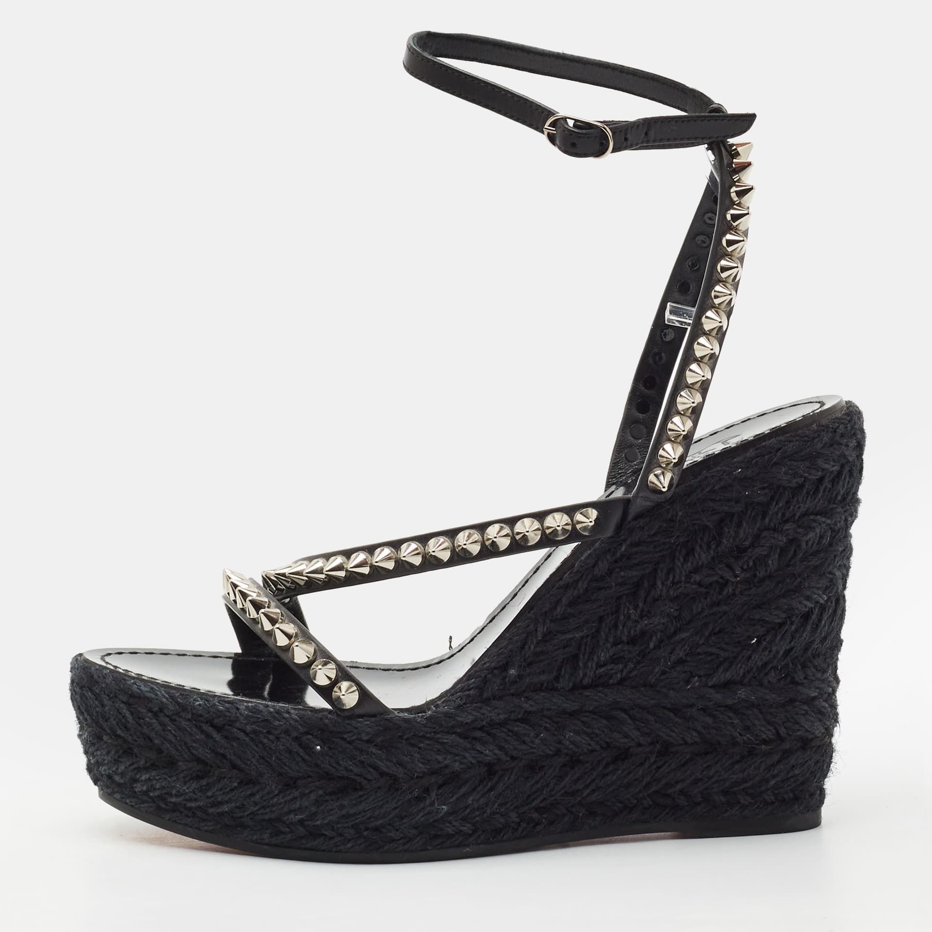 Christian Louboutin Size 39 Black Leather Wedge Espadrille Sandals