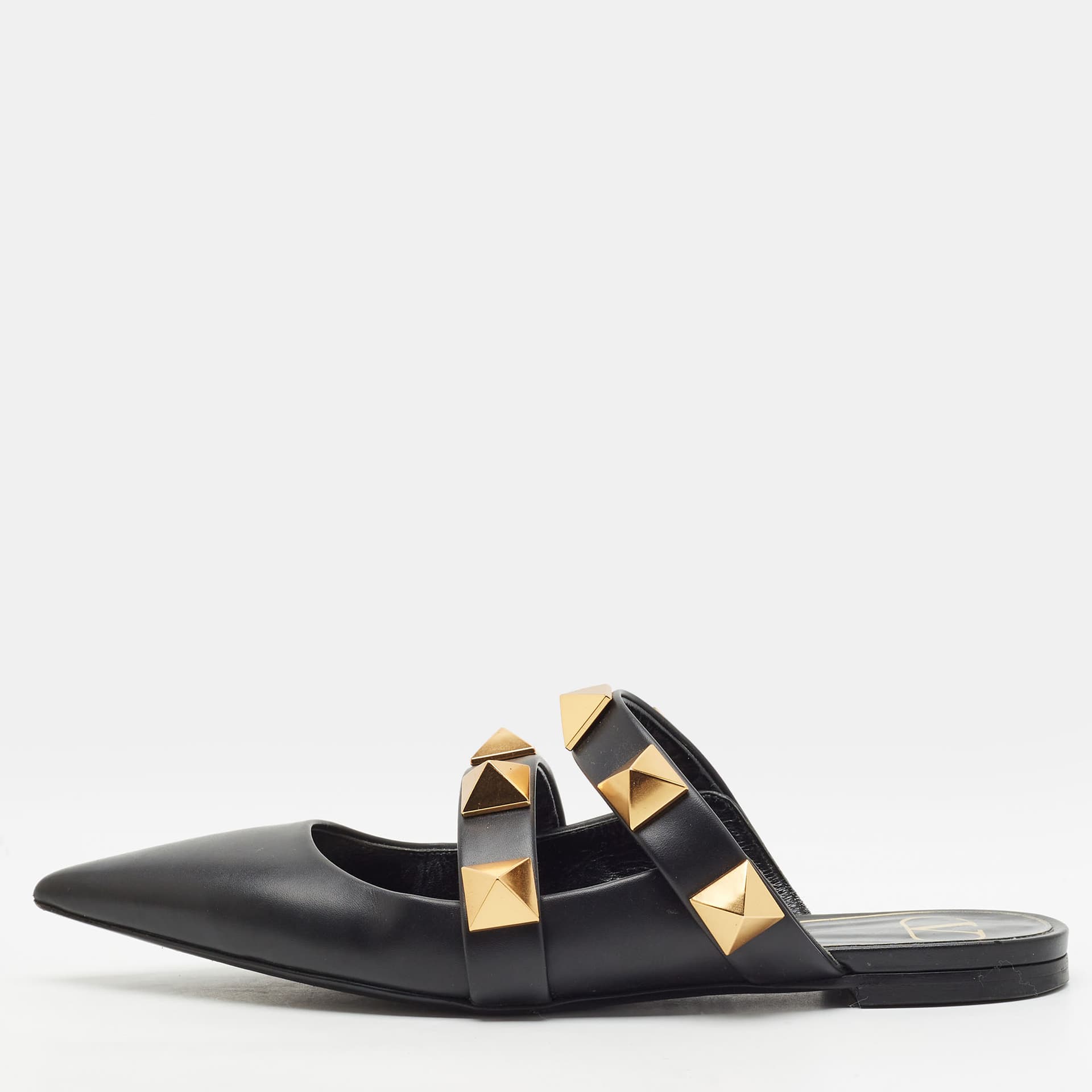 Valentino Roman Stud Size 38.5 Black Leather Flat Sandals