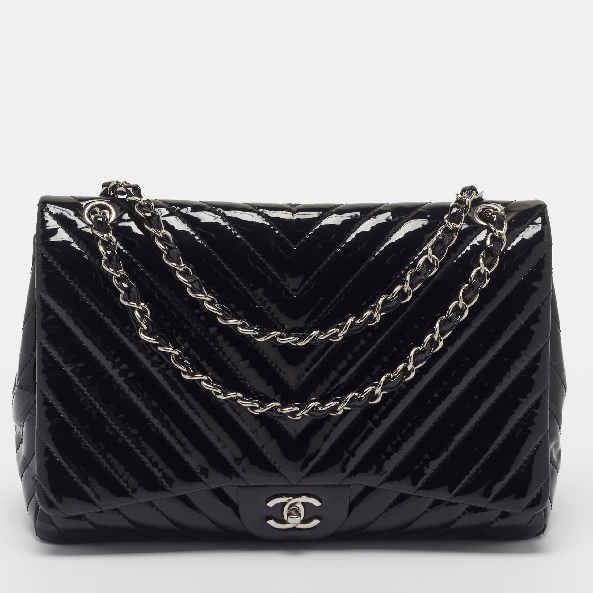 Chanel Classic Single Maxi Black Chevron Patent Leather Flap Bag