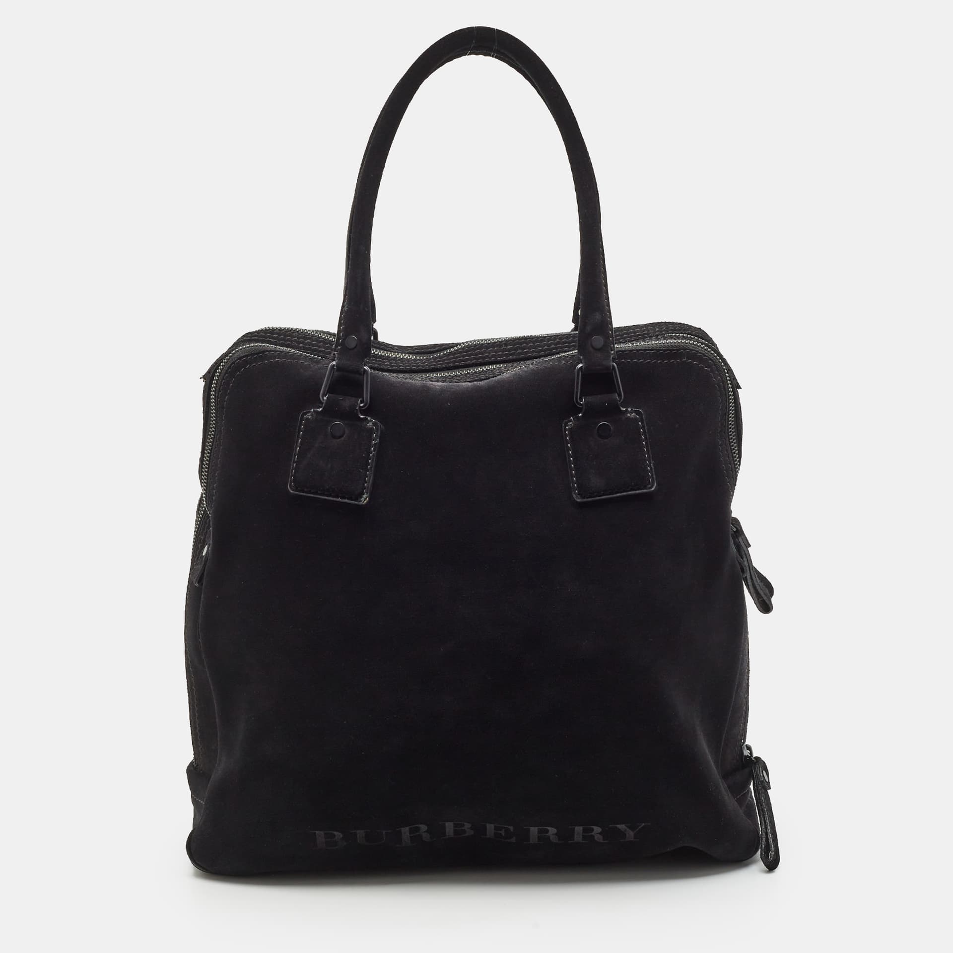 Burberry Logo Black Suede Double Zip Weekender Bag