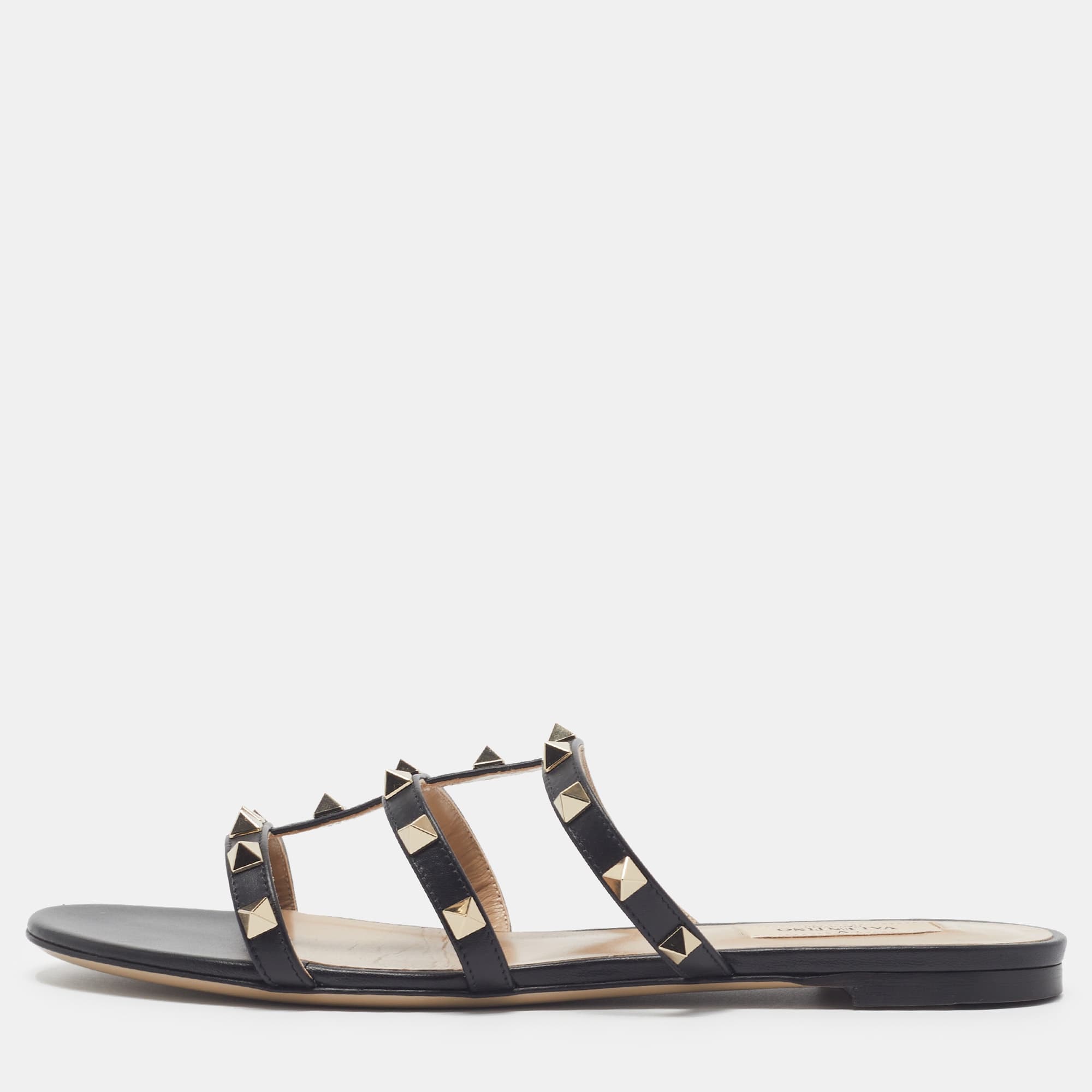 Valentino Rockstud Size 38.5 Black Leather Flat Slide