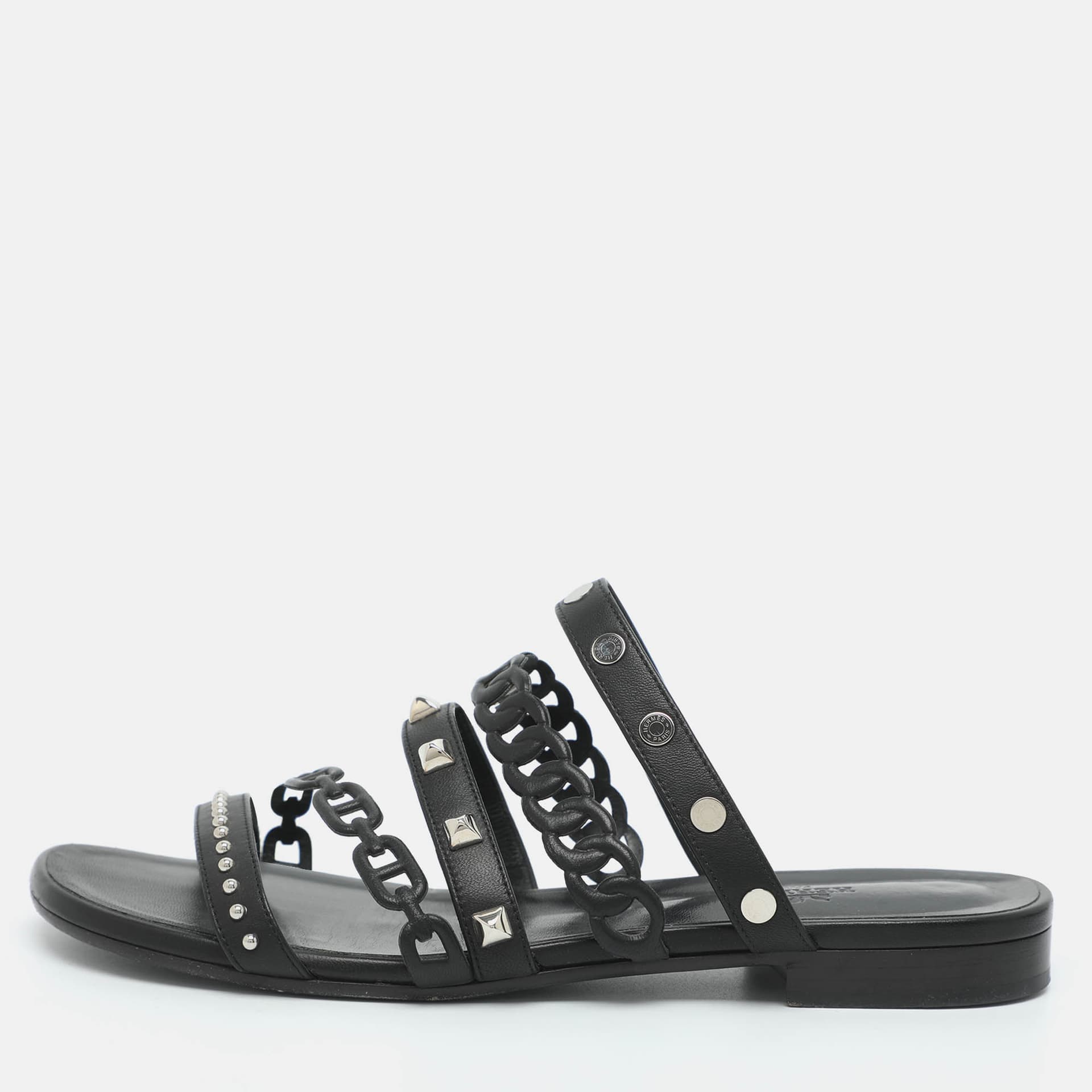 Hermes Amalfi Cha&icirc;ne d'Ancre Insignia Size 38 Black Leather Slide Sandals