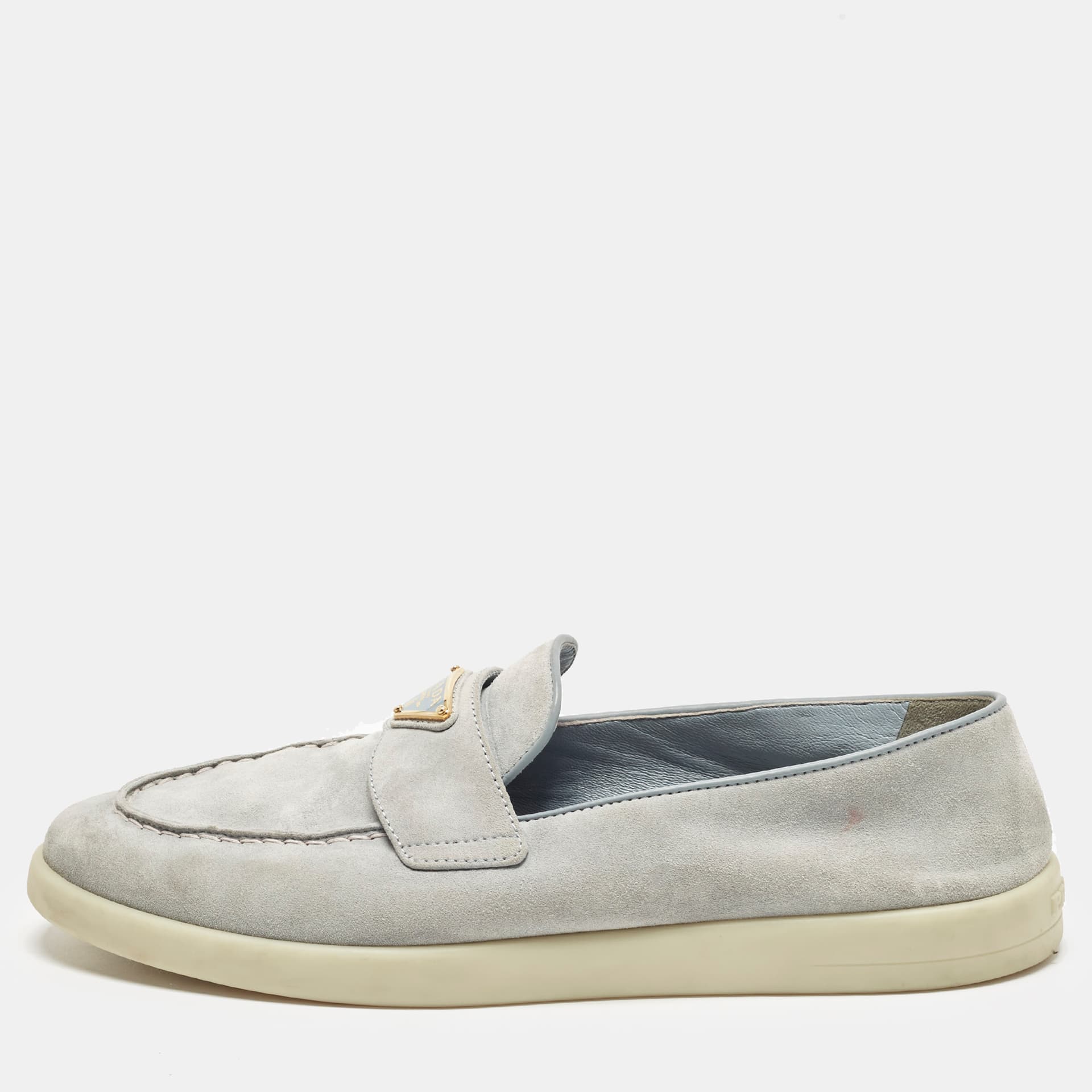 Prada Size 36.5 Light Grey Suede Logo Slip On Loafers