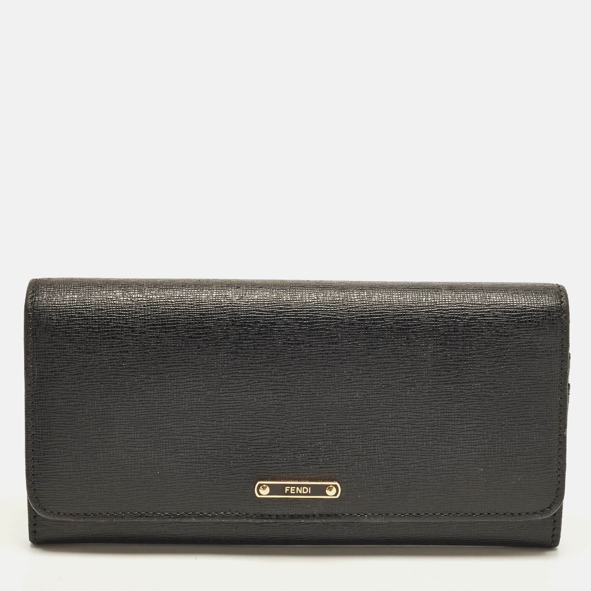 Fendi Black Leather Flap Continental Wallet