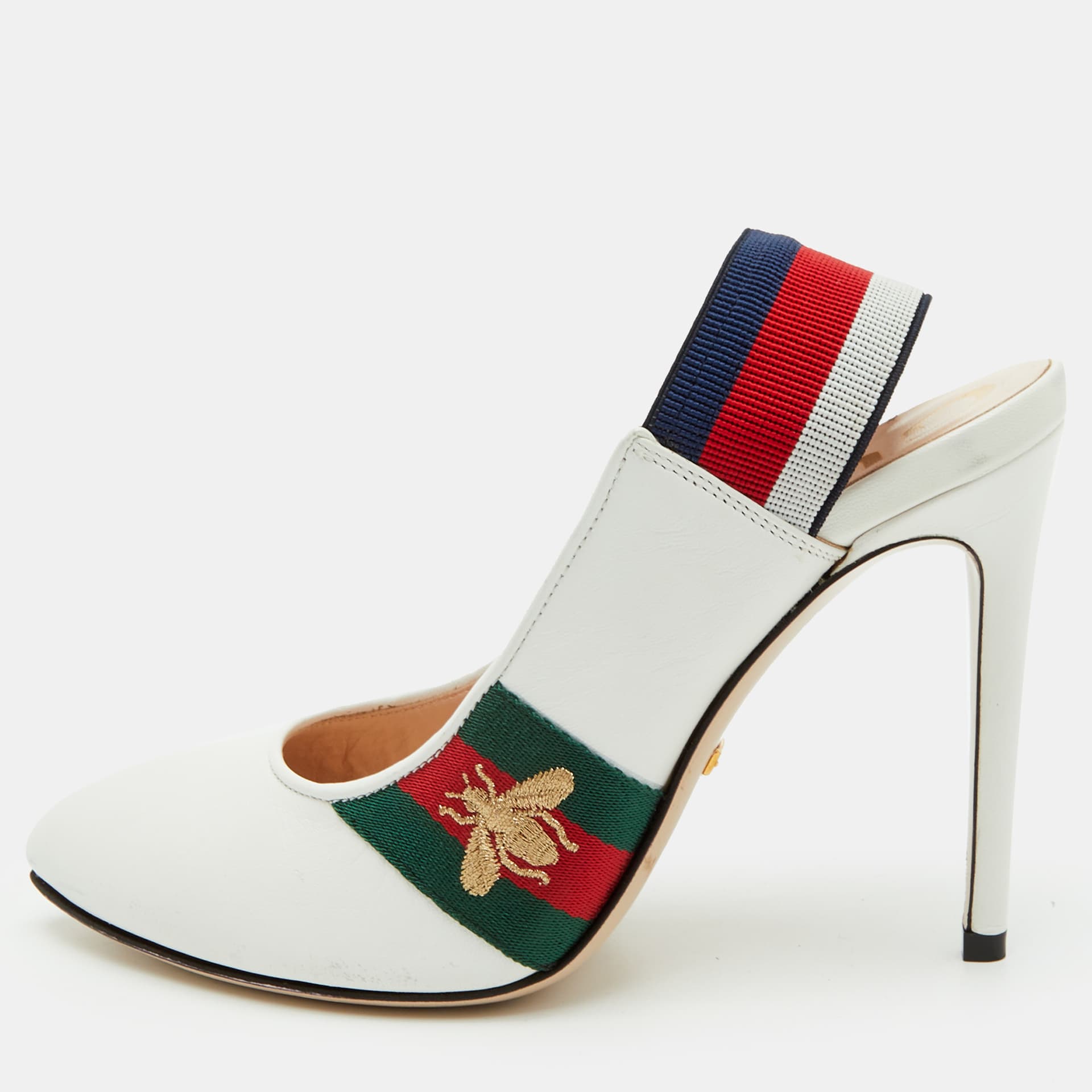 Gucci Sylvie Web Size 37 White Leather Pointed Toe Slingback Pumps