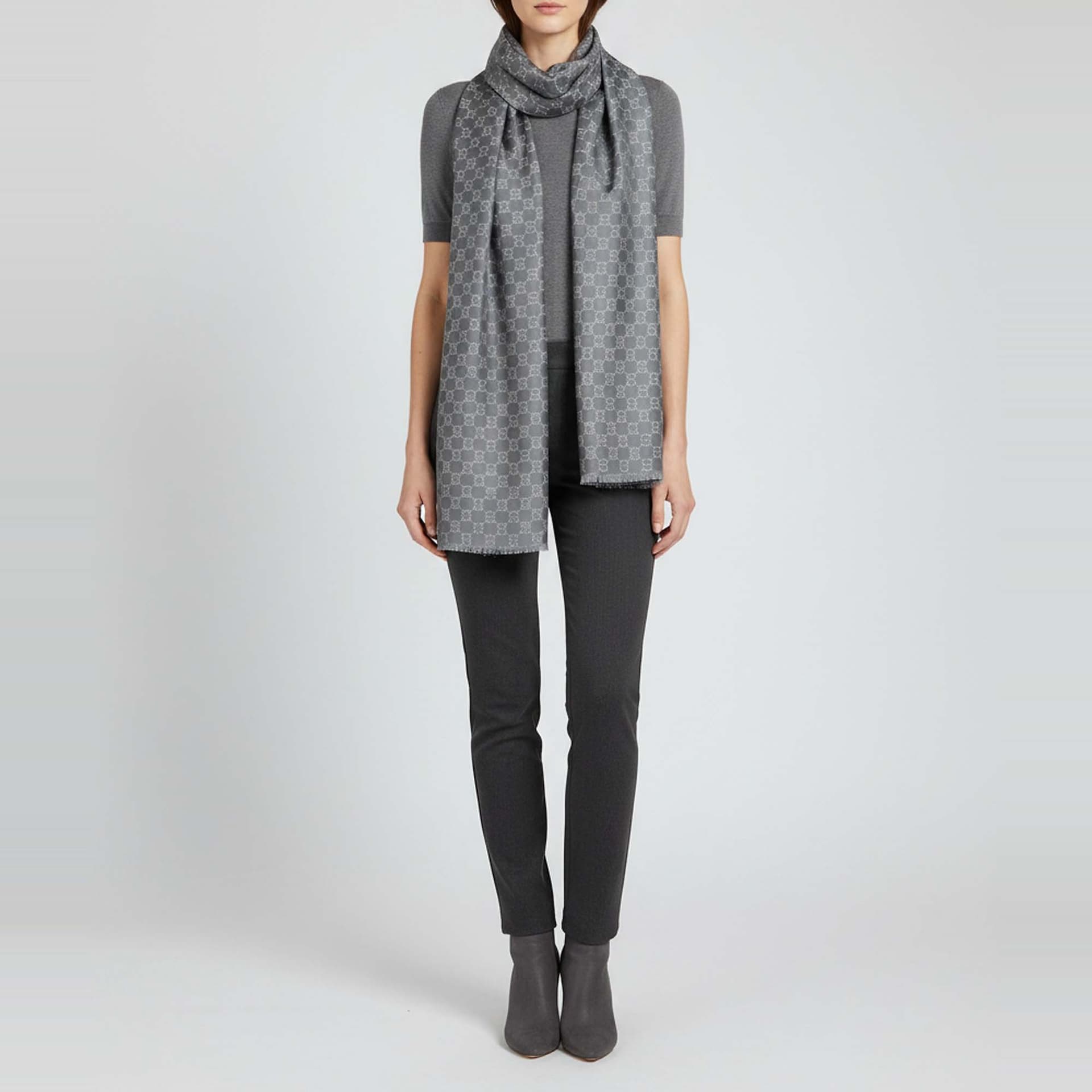 Gucci Grey GG Jacquard Wool Blend Fringed Scarf