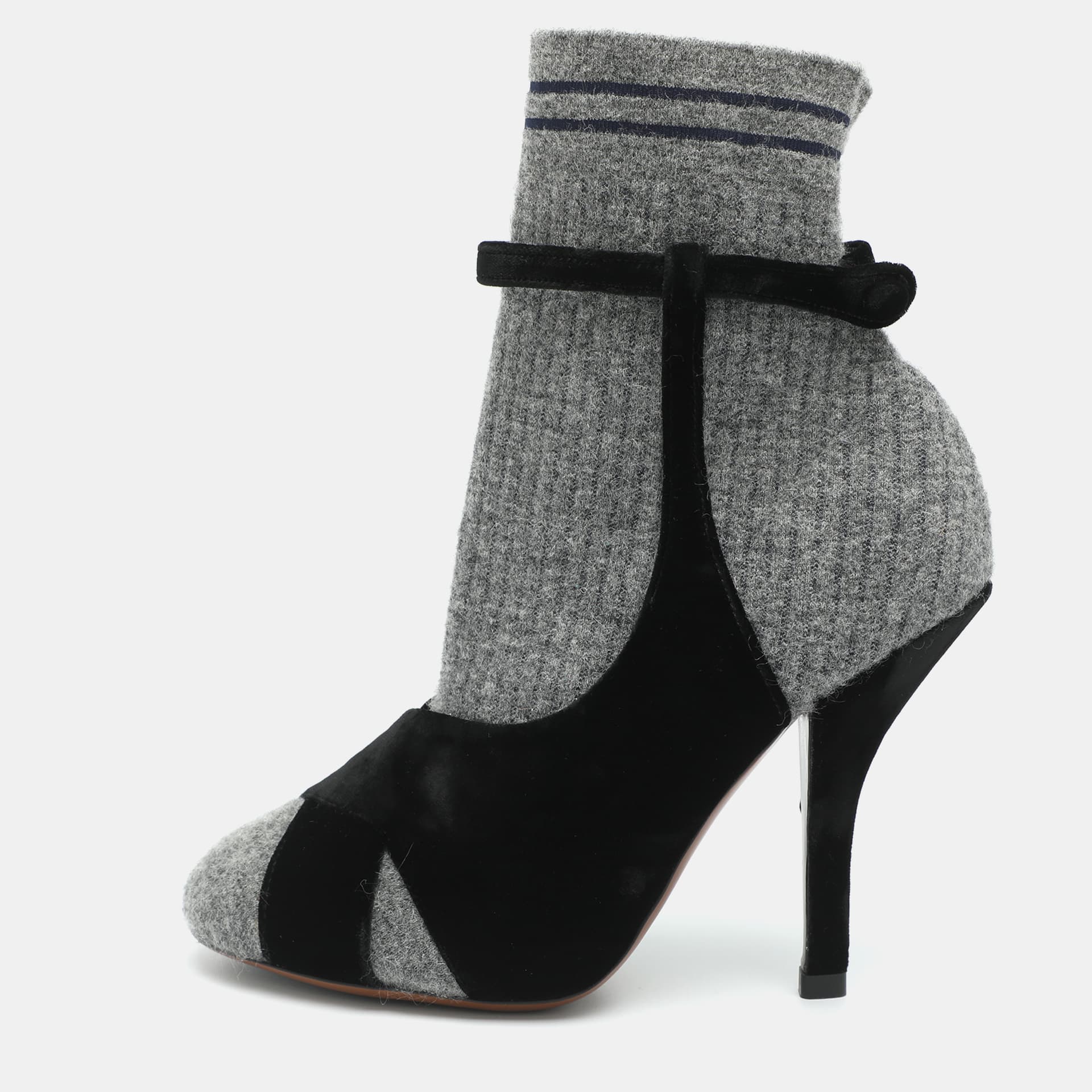 Fendi Size 38 Grey/Black Velvet and Wool Mid Calf Boots