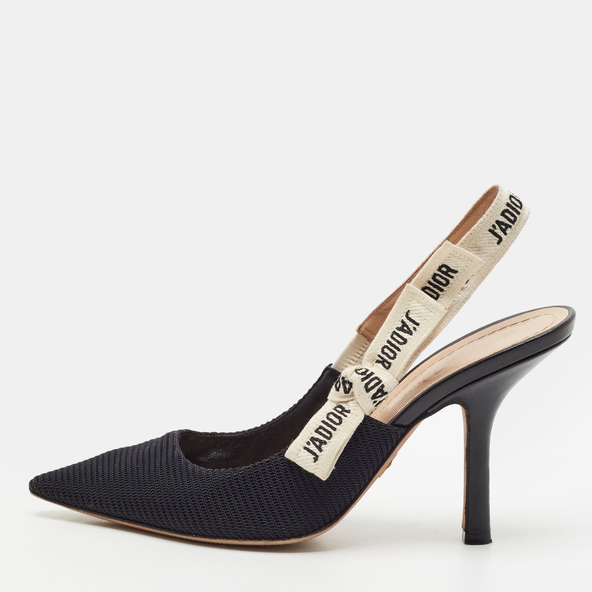 Dior J'Adior Size 37.5 Black/White Technical Fabric Slingback Pumps