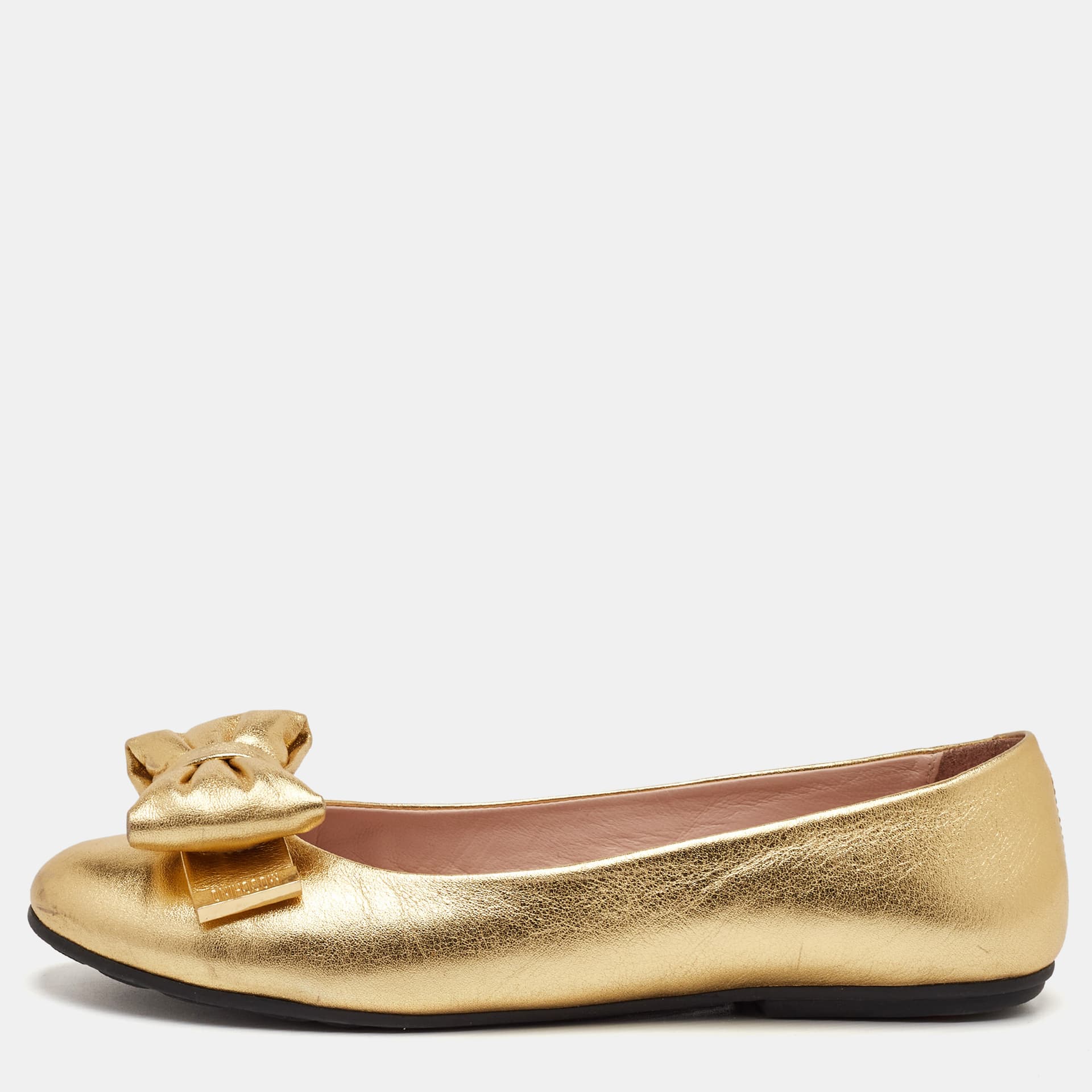 Moschino Bow Size 37 Gold Metallic Leather Ballet Flats
