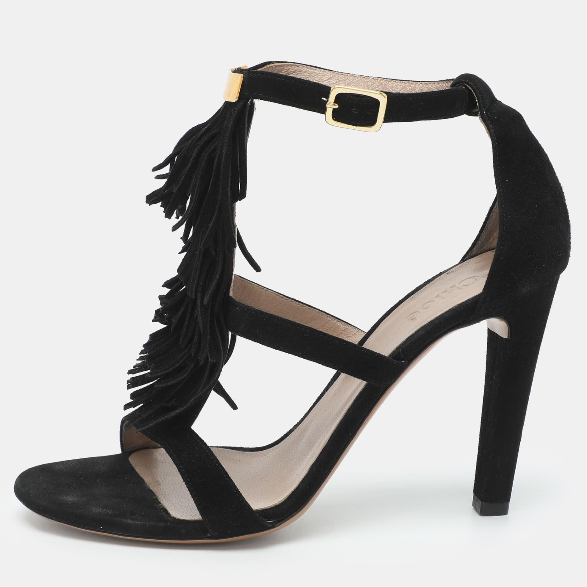 Chloe Fringe Detail Size 36 Black Suede Ankle Strap Sandals